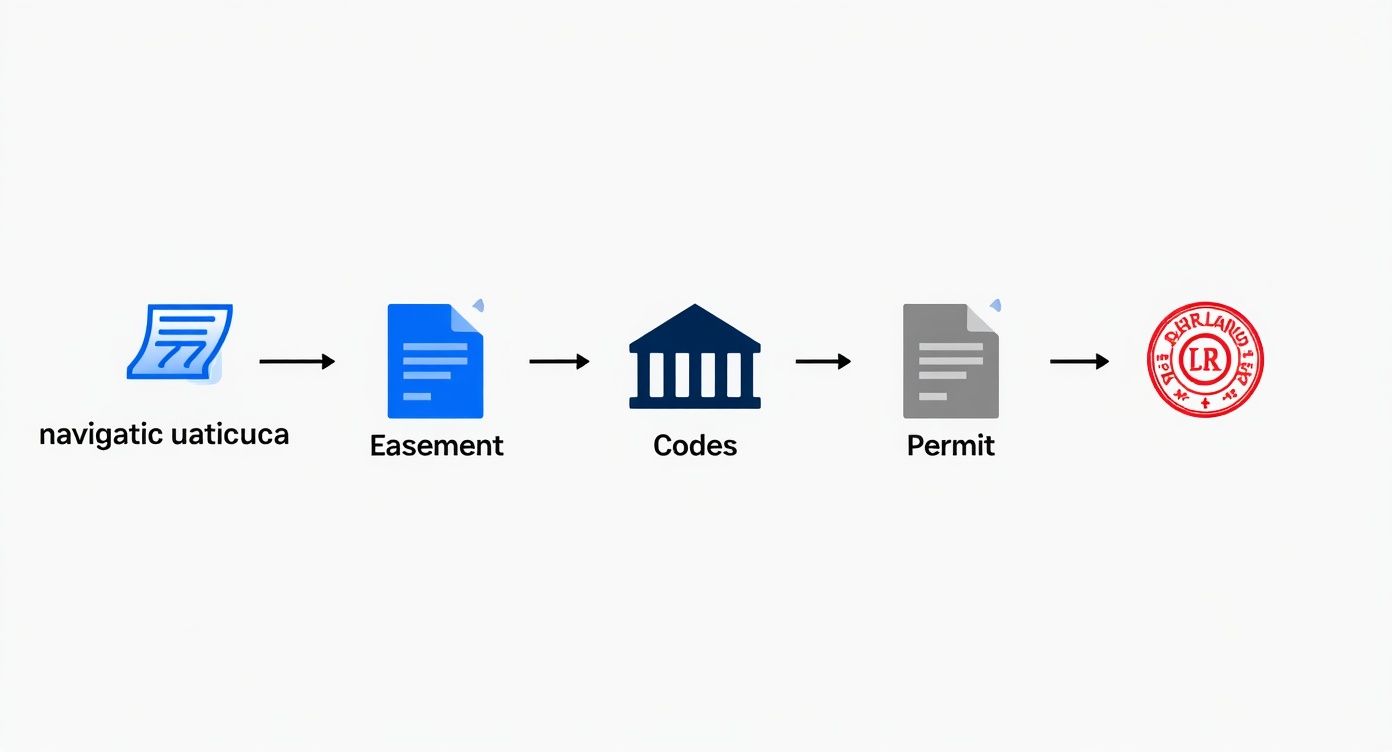 Who Owns That Pipe? Property Lines and Underground Utilities 4 Workflow diagram showing process from easement documents through building codes and permits to final approval stamp