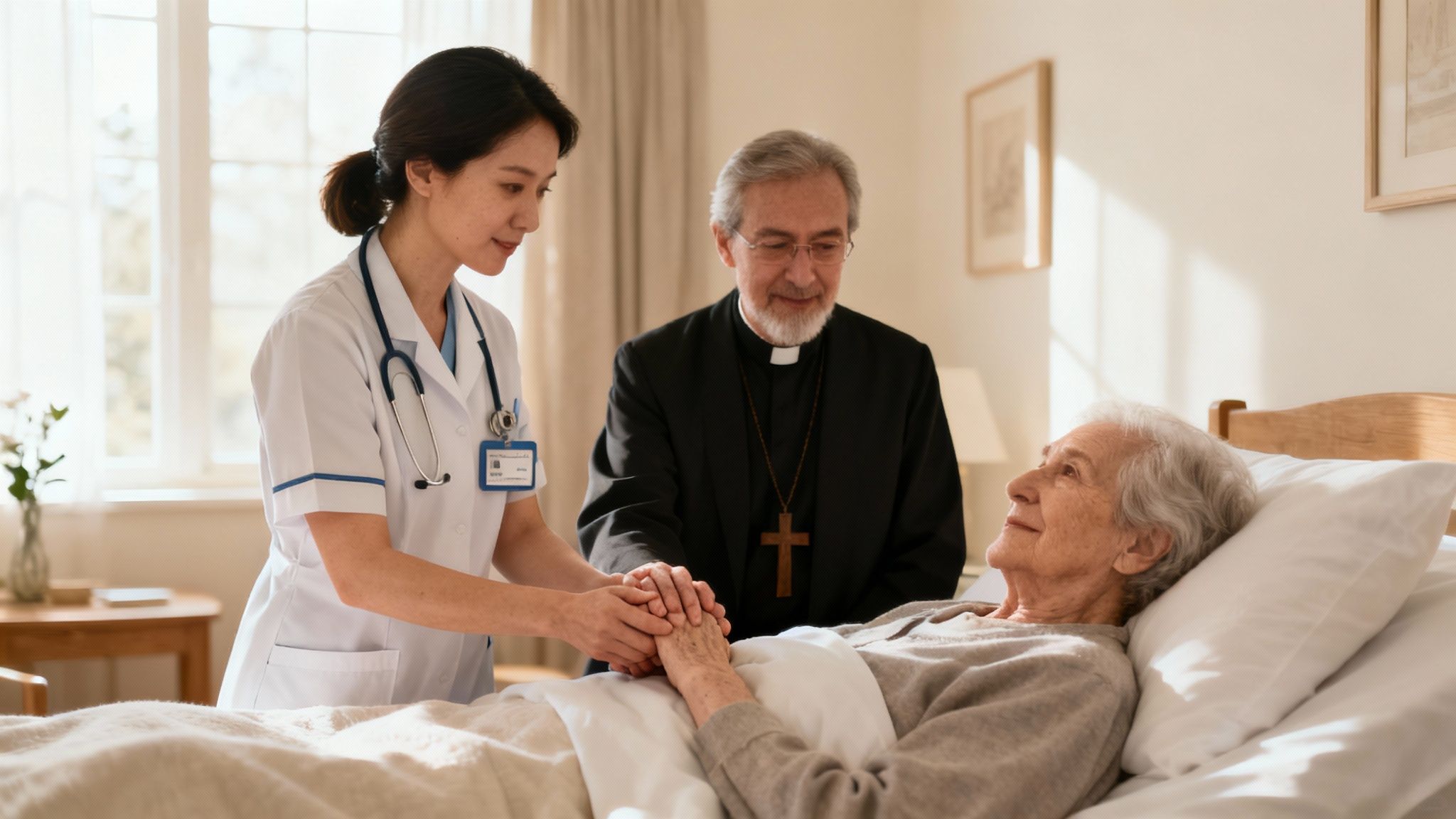 A hospice nurse gently holds the hand of an elderly patient in their home.