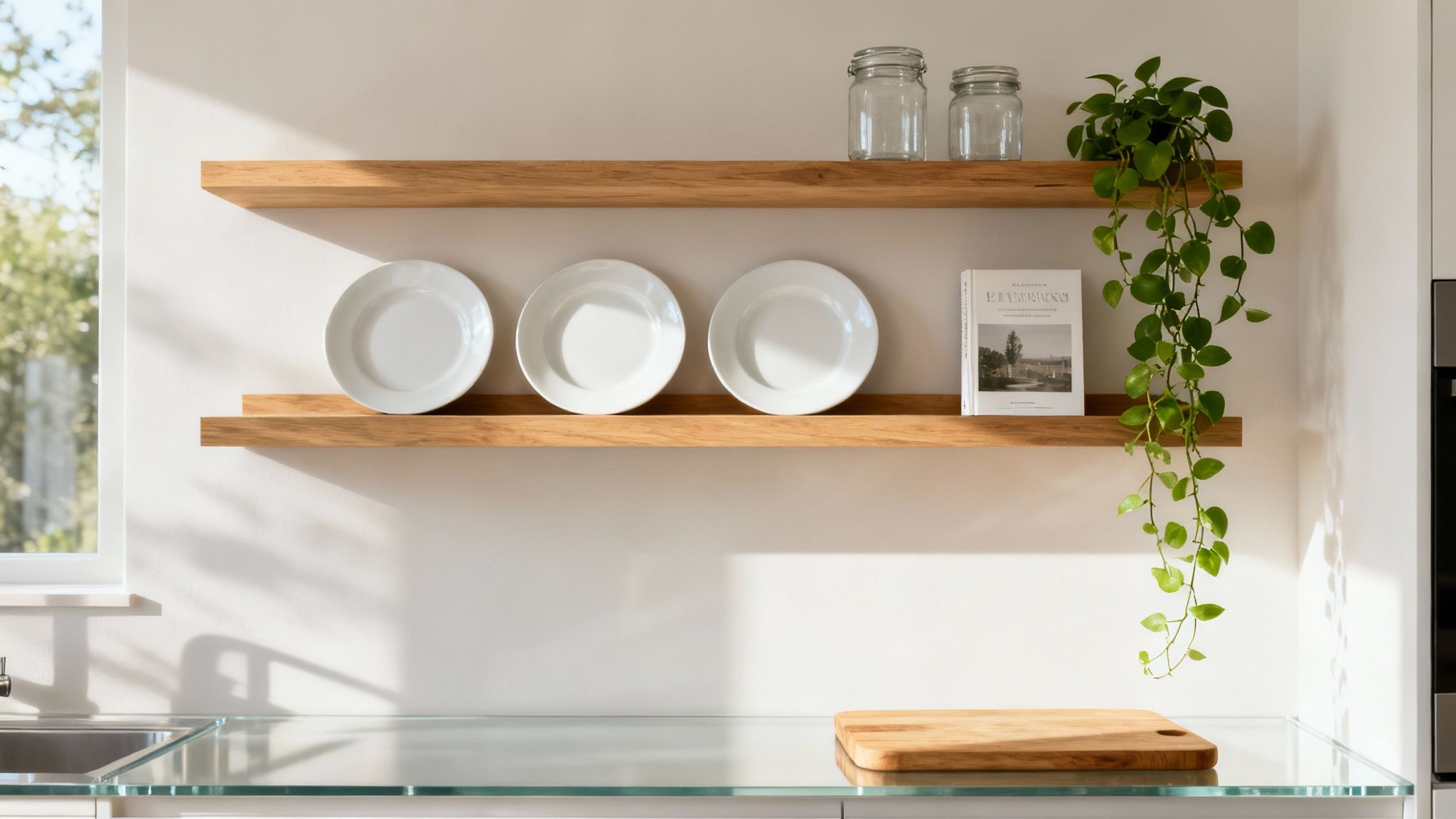 Modern kitchen with wooden shelves, white plates, glass jars, a green plant, and a glass countertop.