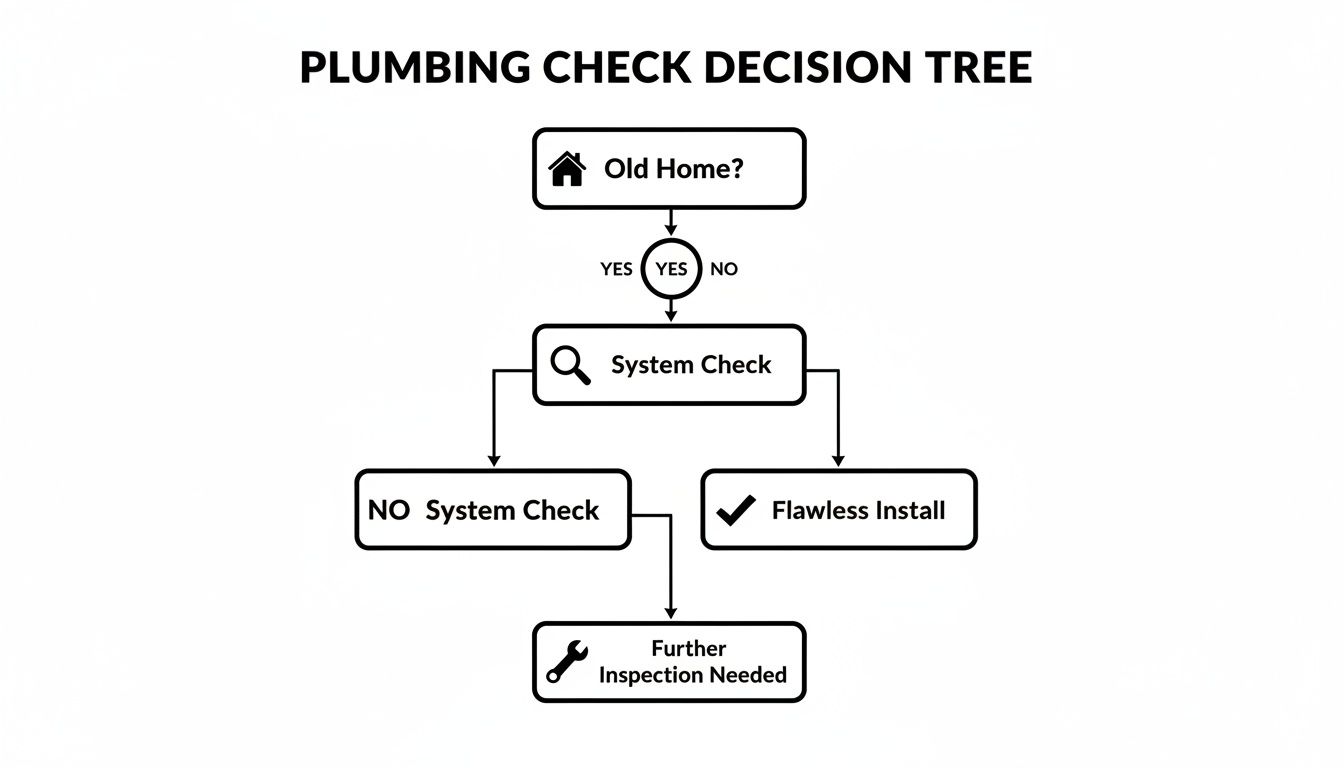 A plumbing check decision tree flowchart outlining steps for old homes, system checks, and further inspection.