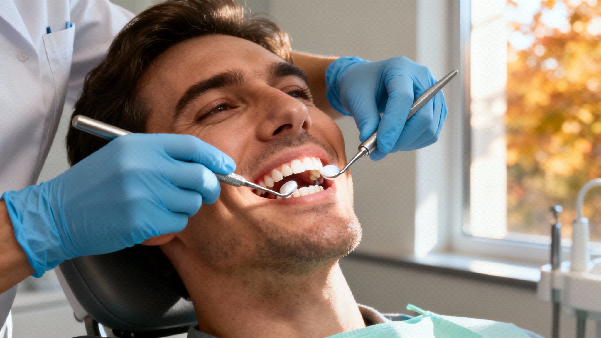 A smiling man in a dental chair getting his teeth examined by a dentist wearing blue gloves.