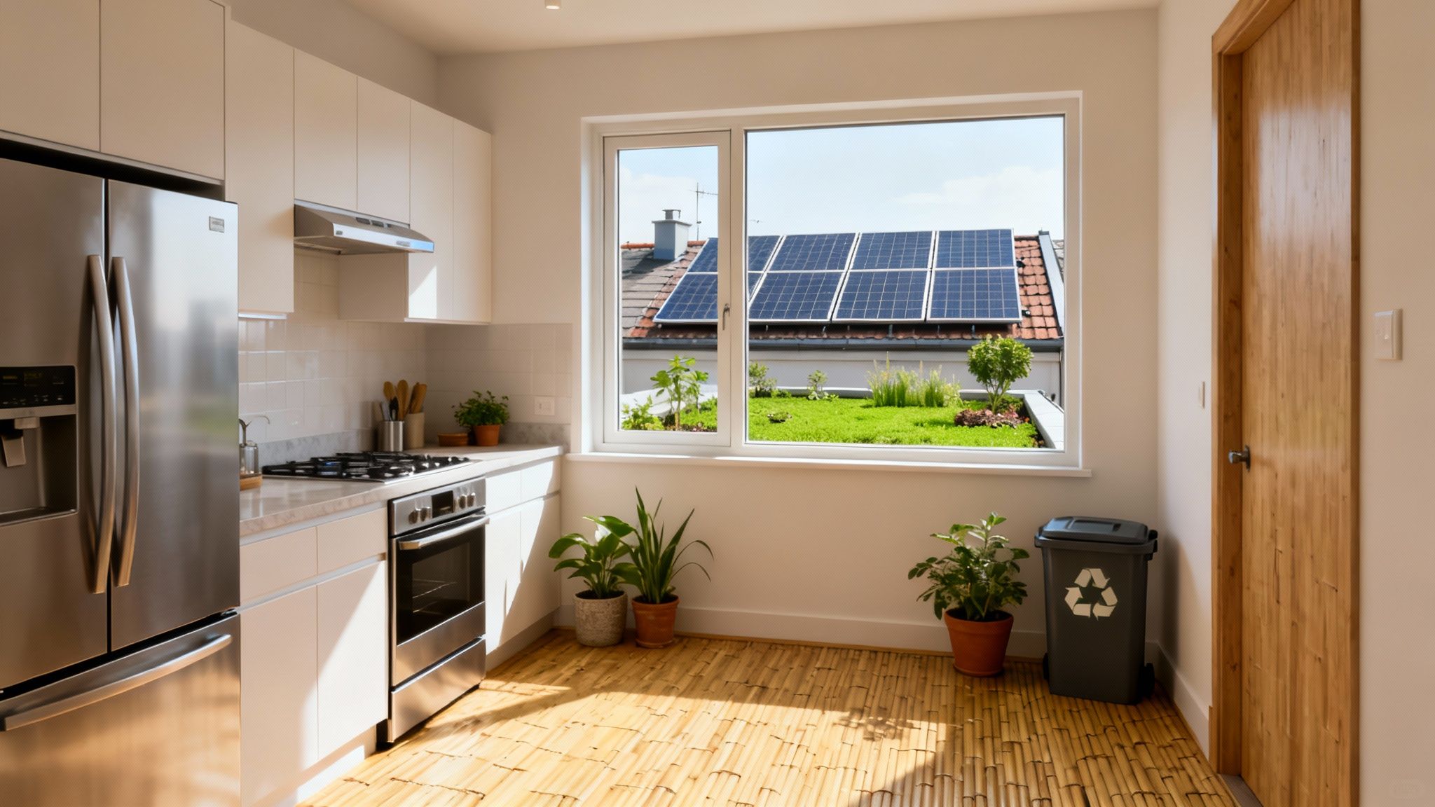 A modern kitchen featuring stainless steel appliances, white cabinets, and a view of solar panels on a green roof.