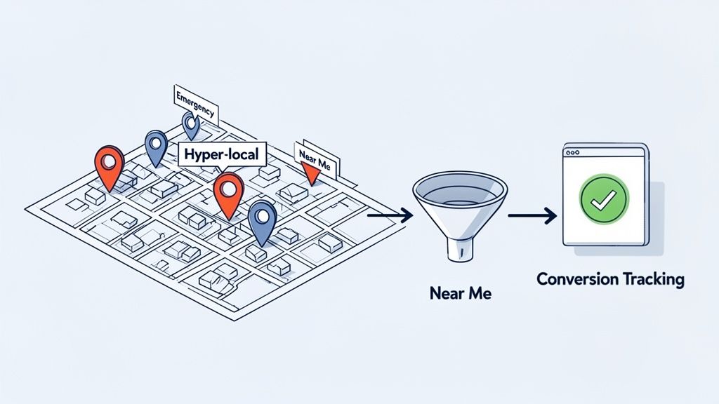 Map showing hyper-local geo-targeting with 'Near Me' searches, flowing through a funnel to conversion tracking.