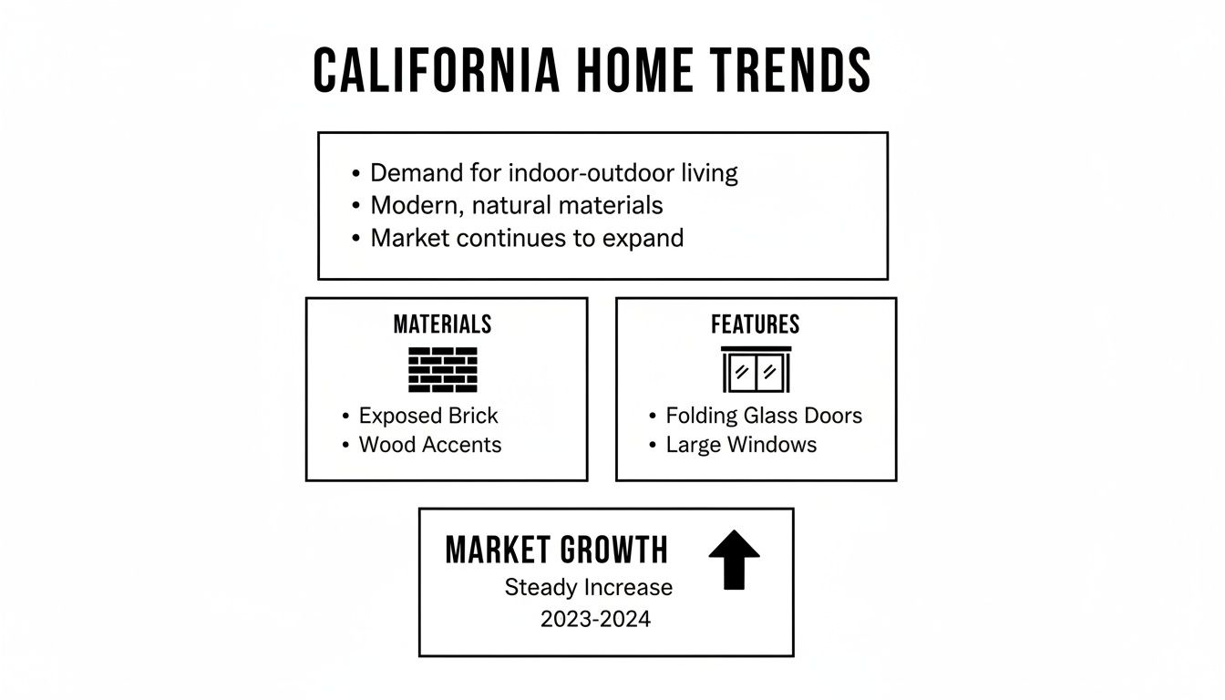 Infographic detailing California home trends, covering materials, features, and market growth from 2023-2024.