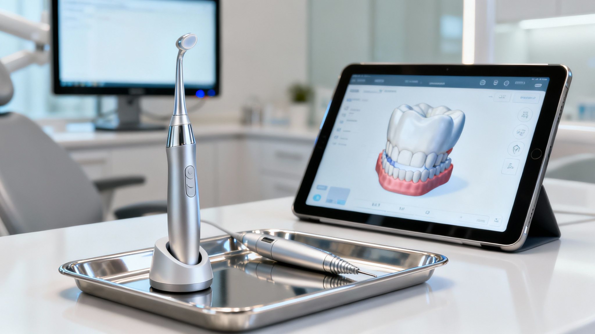 Modern dental office with digital scanner, handpiece, and tablet displaying a 3D tooth model.