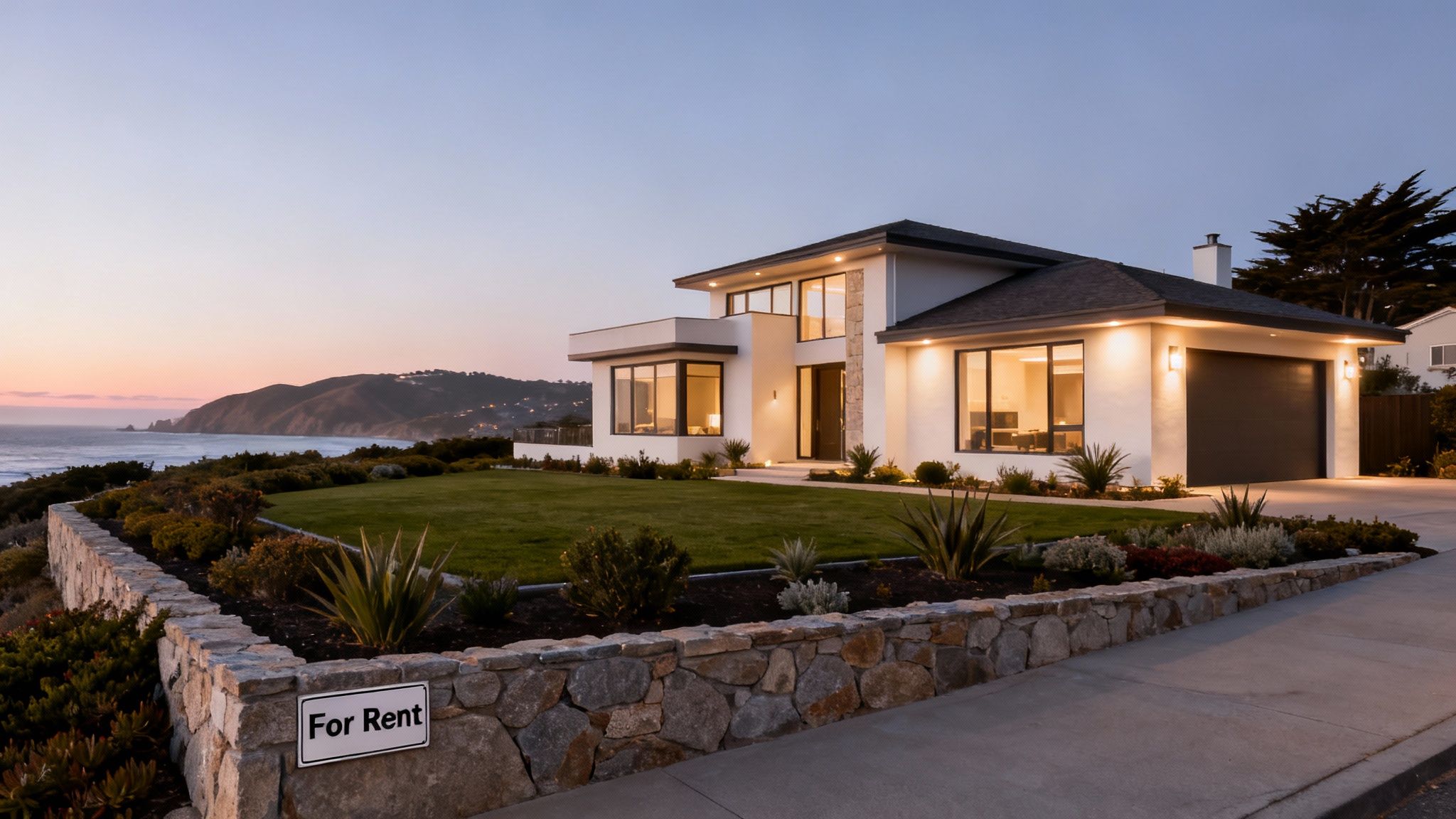 A stunning modern luxury home overlooking the ocean at dusk, with a "For Rent" sign prominently displayed.