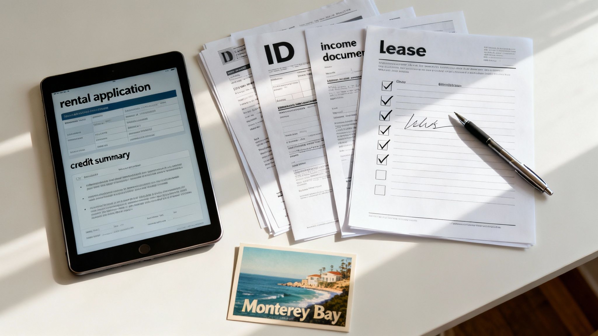 Tablet showing rental application and credit summary, alongside various paper documents, a pen, and a Monterey Bay postcard.
