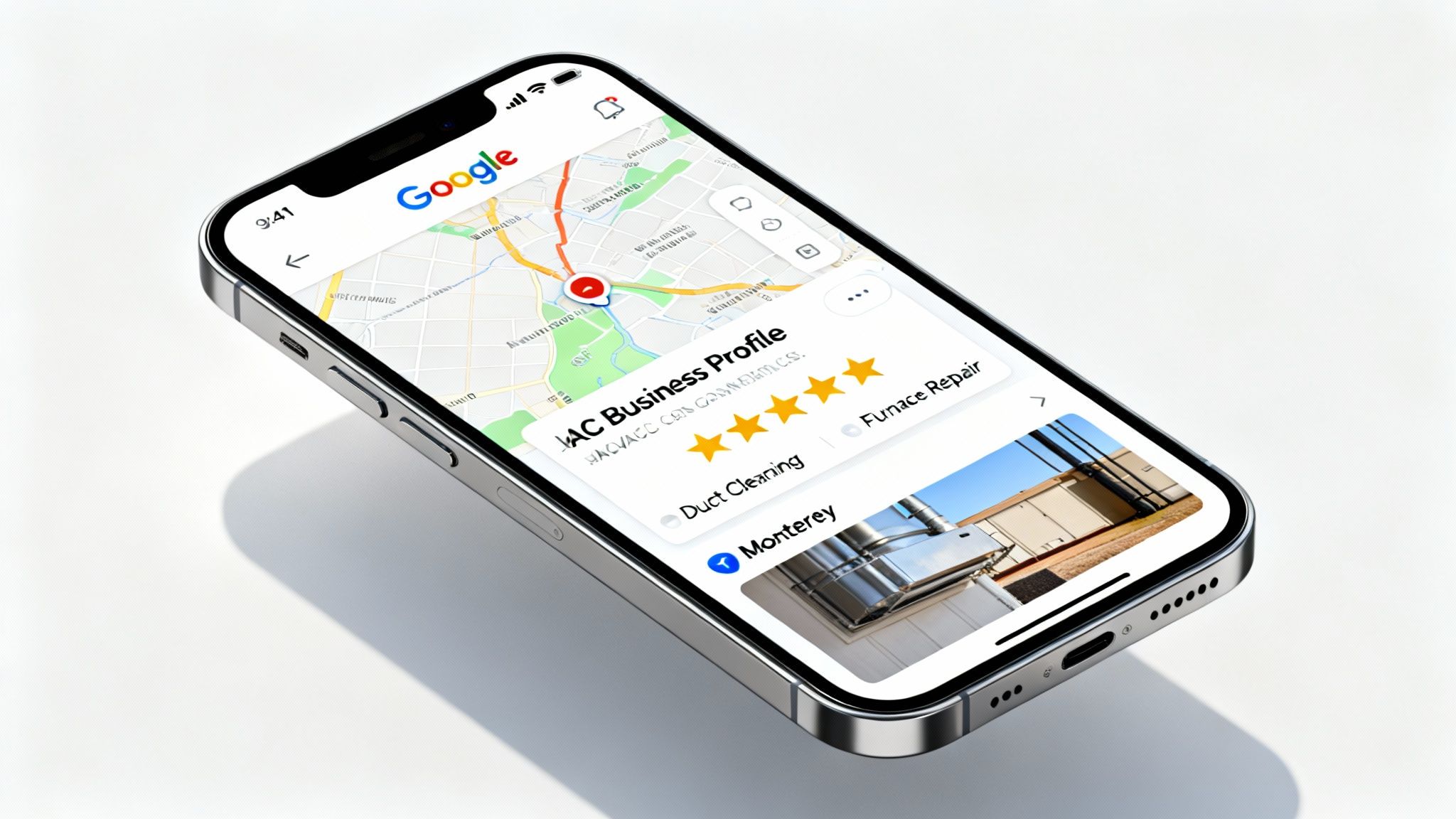 An iPhone displays a Google Maps local business profile for an HVAC company with a 5-star rating.
