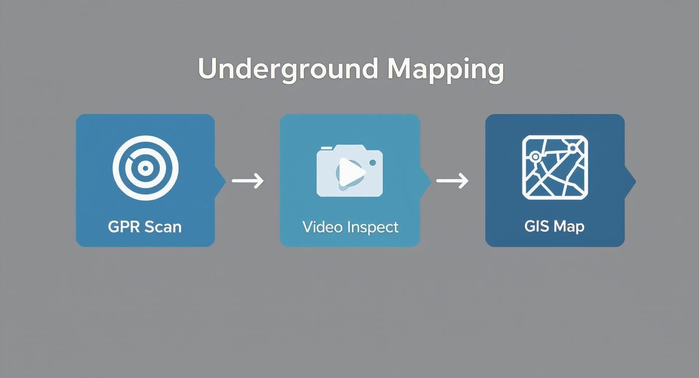 Infographic showing the three-step process for modern underground mapping including GPR Scan, Video Inspection, and GIS Map creation.