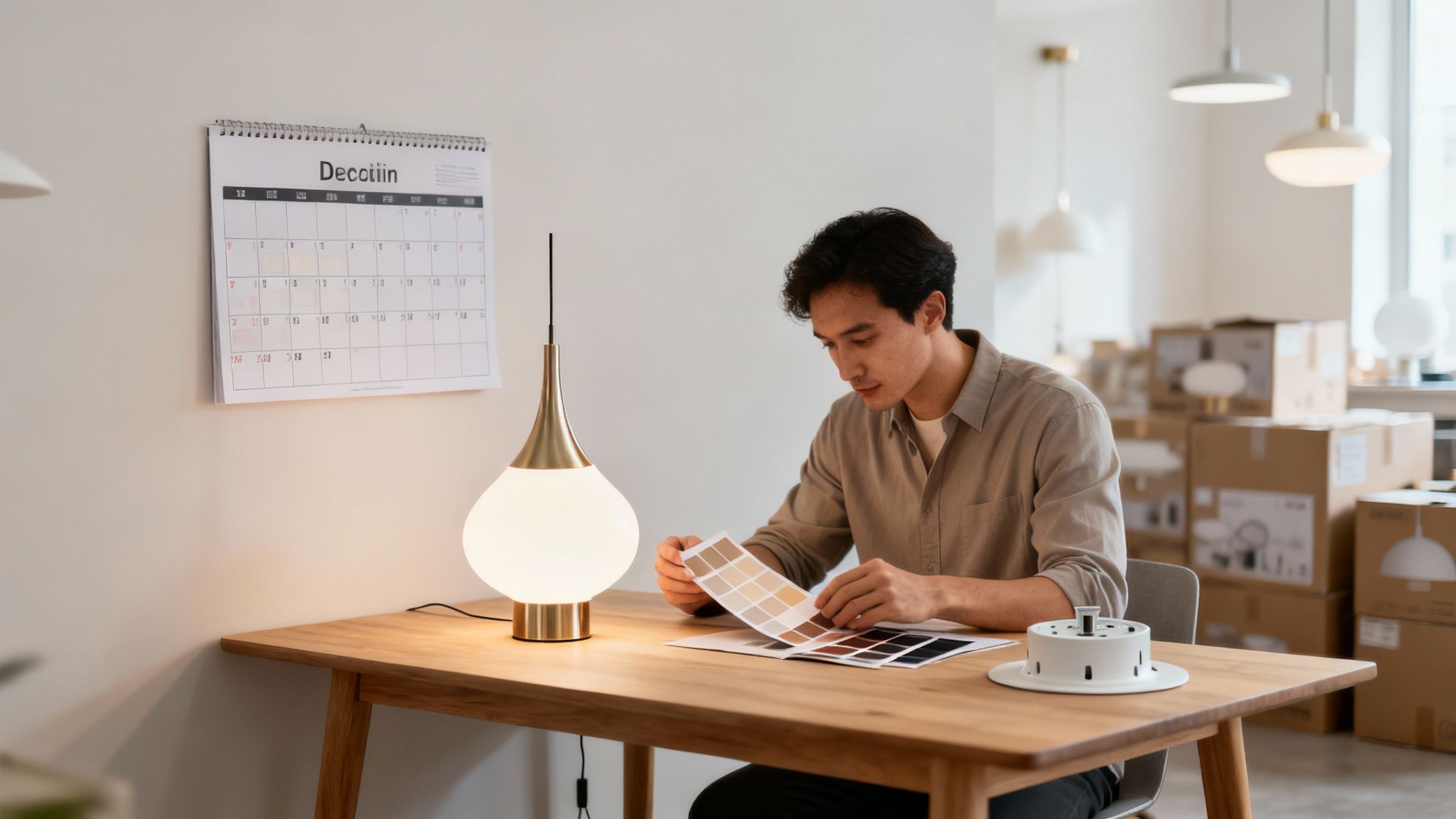 Man reviews color swatches at a desk with a modern lamp and calendar, planning home decor.