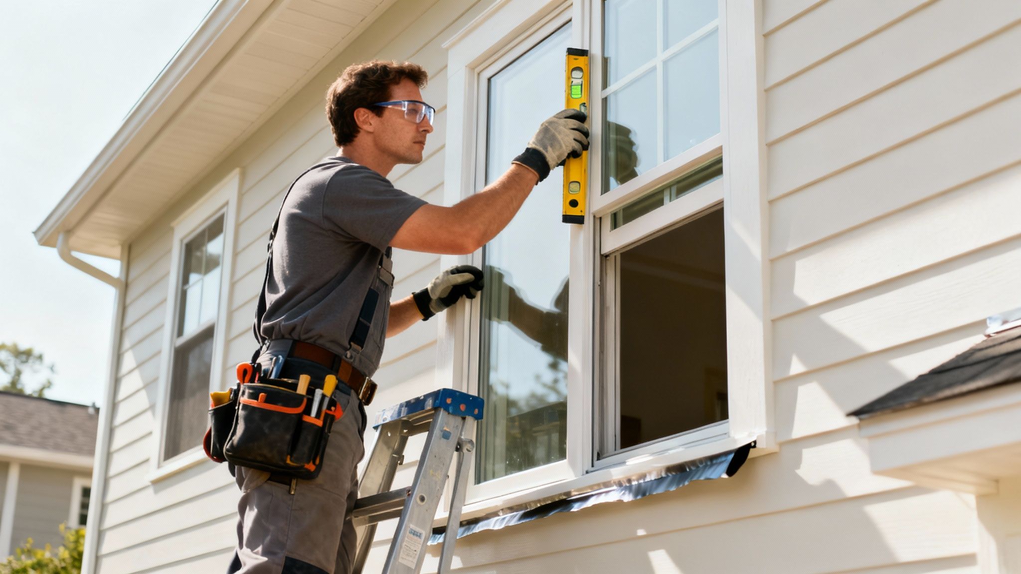 A professional installer carefully fitting a new window into a home's wall frame.