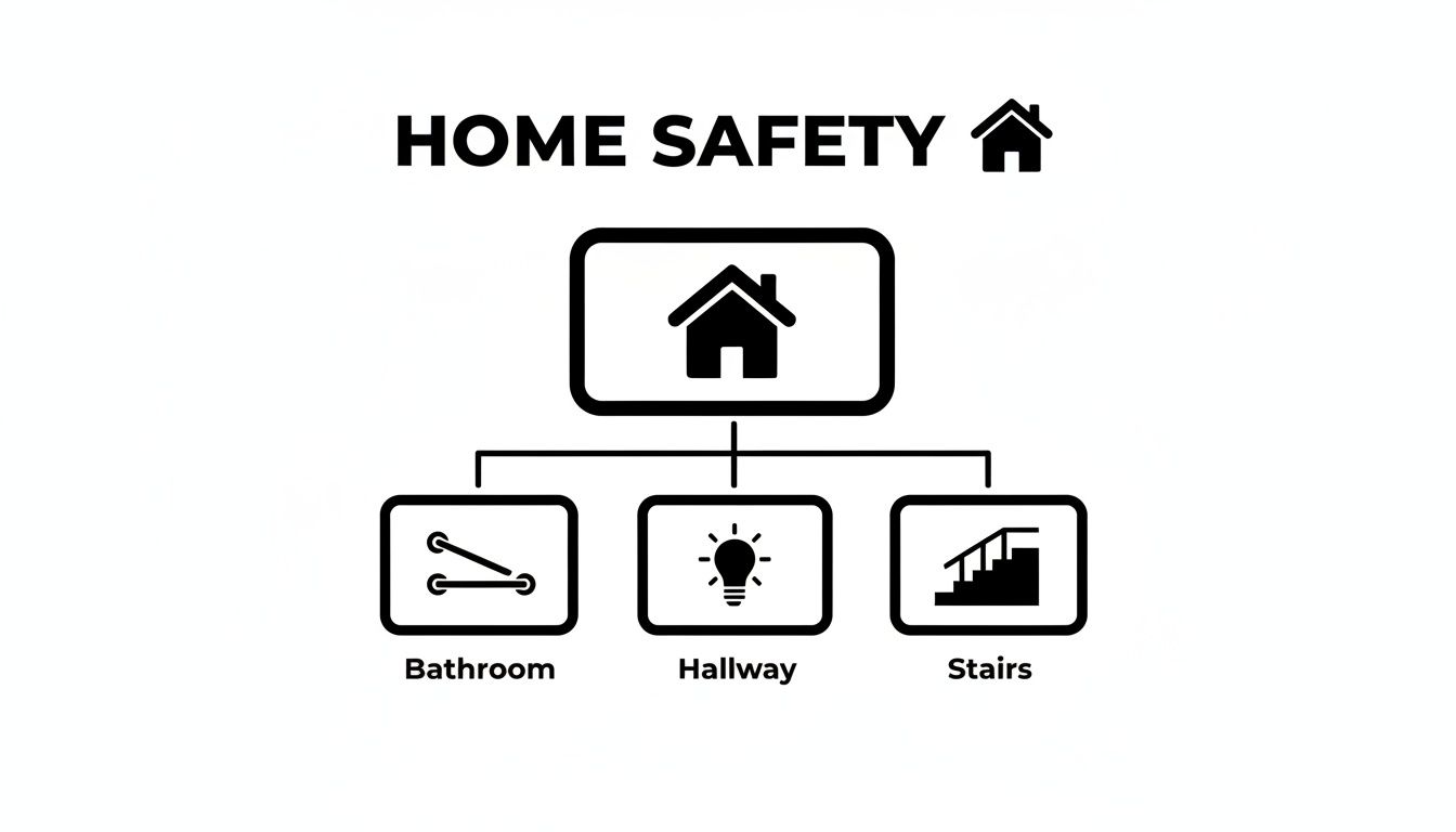 Diagram illustrating home safety considerations, with sections for bathroom, hallway, and stairs.