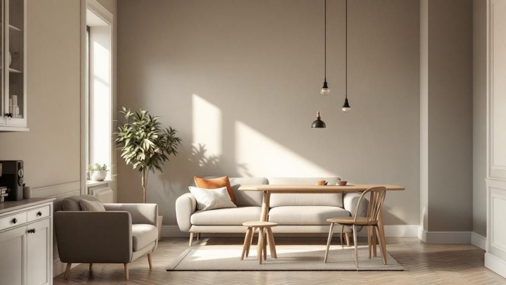 A modern living room painted in a warm greige color, with a white sofa and natural wood accents.