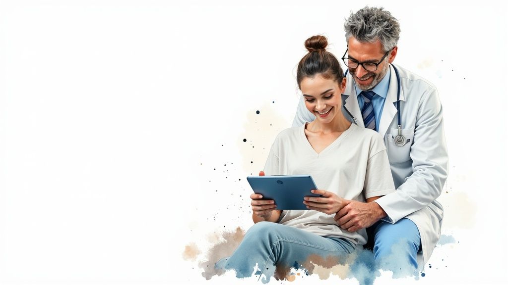 Smiling doctor and female patient reviewing information on a tablet, with watercolor effects.