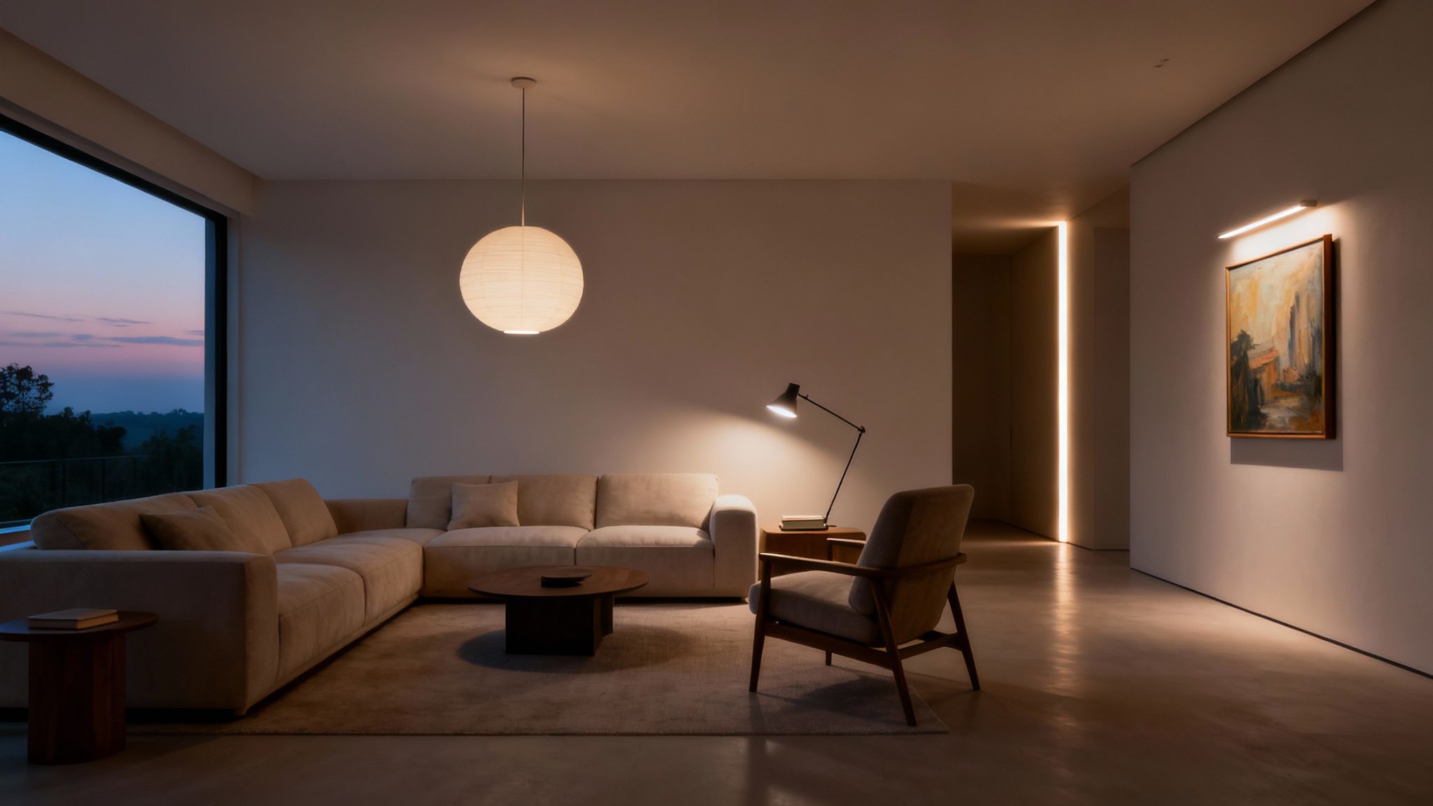 A modern living room at dusk with a large sofa, armchair, and warm ambient lighting.