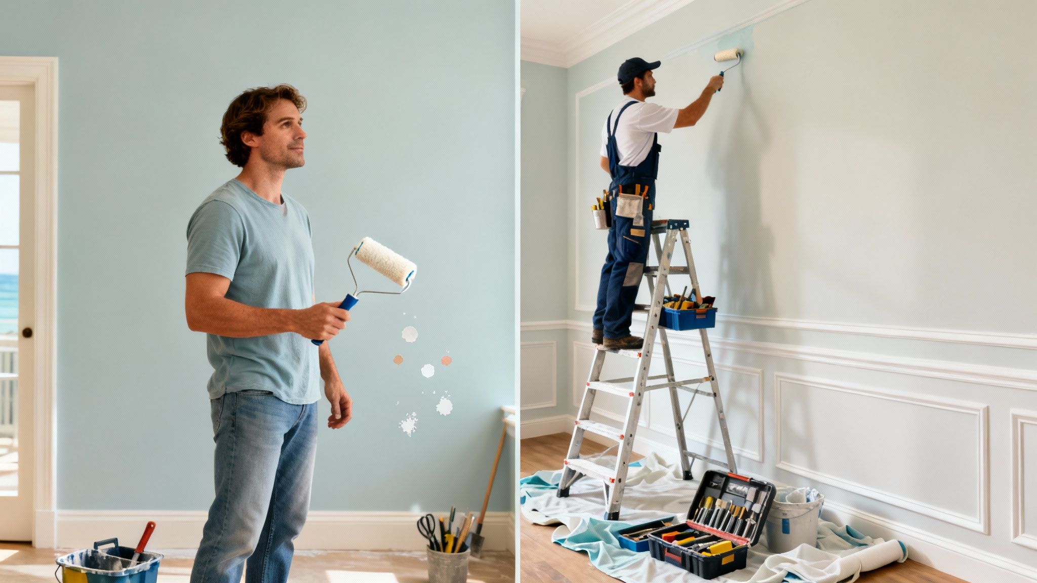 A man doing DIY painting versus a professional painter on a ladder, illustrating options.
