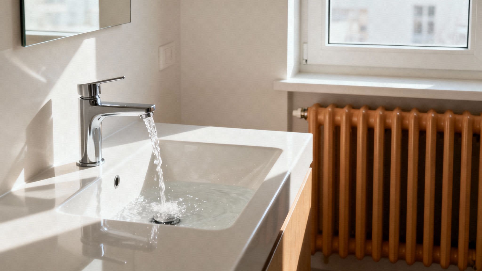 Living room with large windows showing a coastal view
