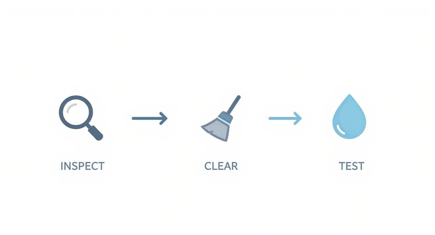 An infographic showing a three-step process for water management: Inspect, Clear, and Test.