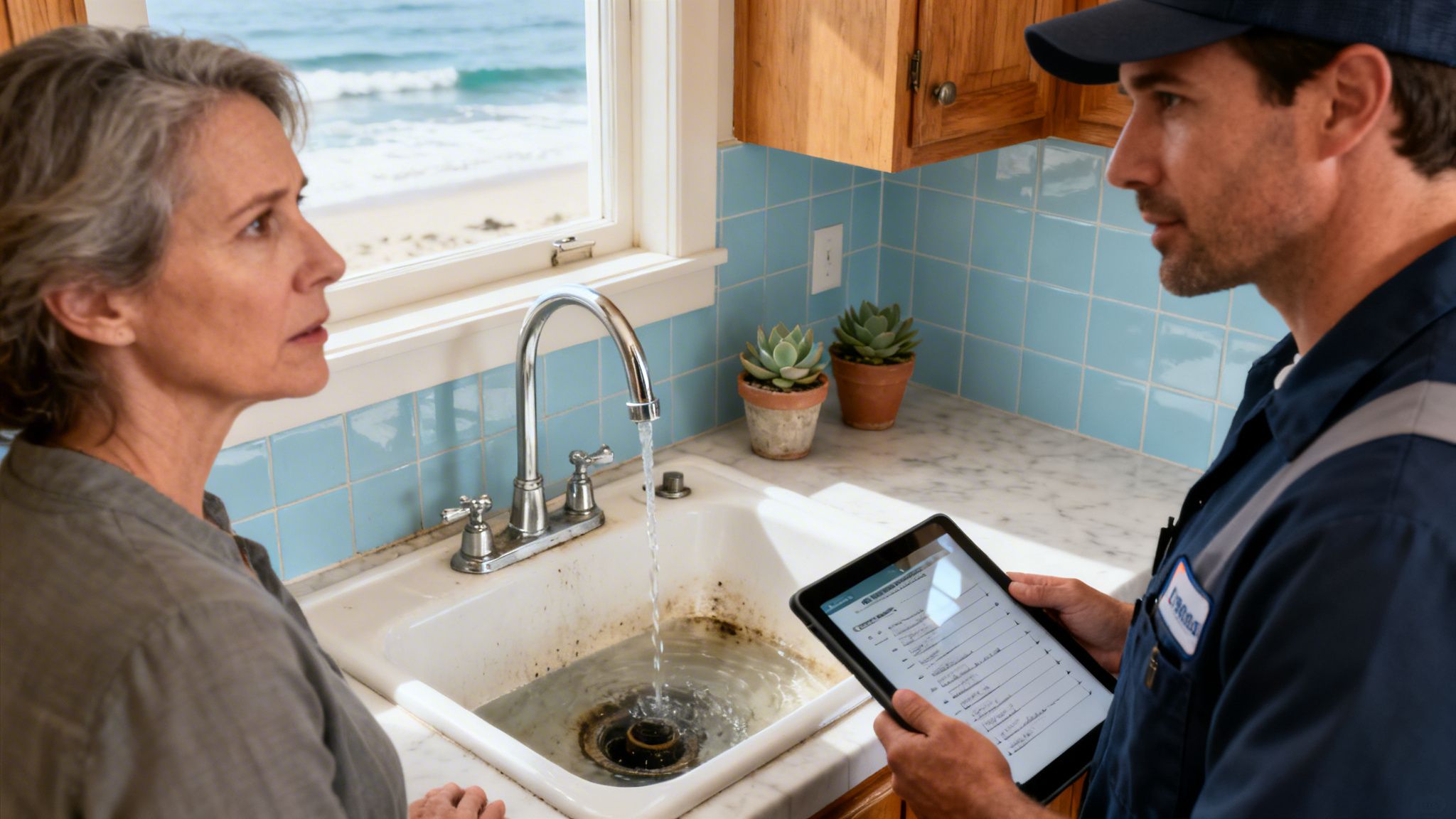 A plumber with a tablet explains a clogged kitchen sink problem to a concerned woman.