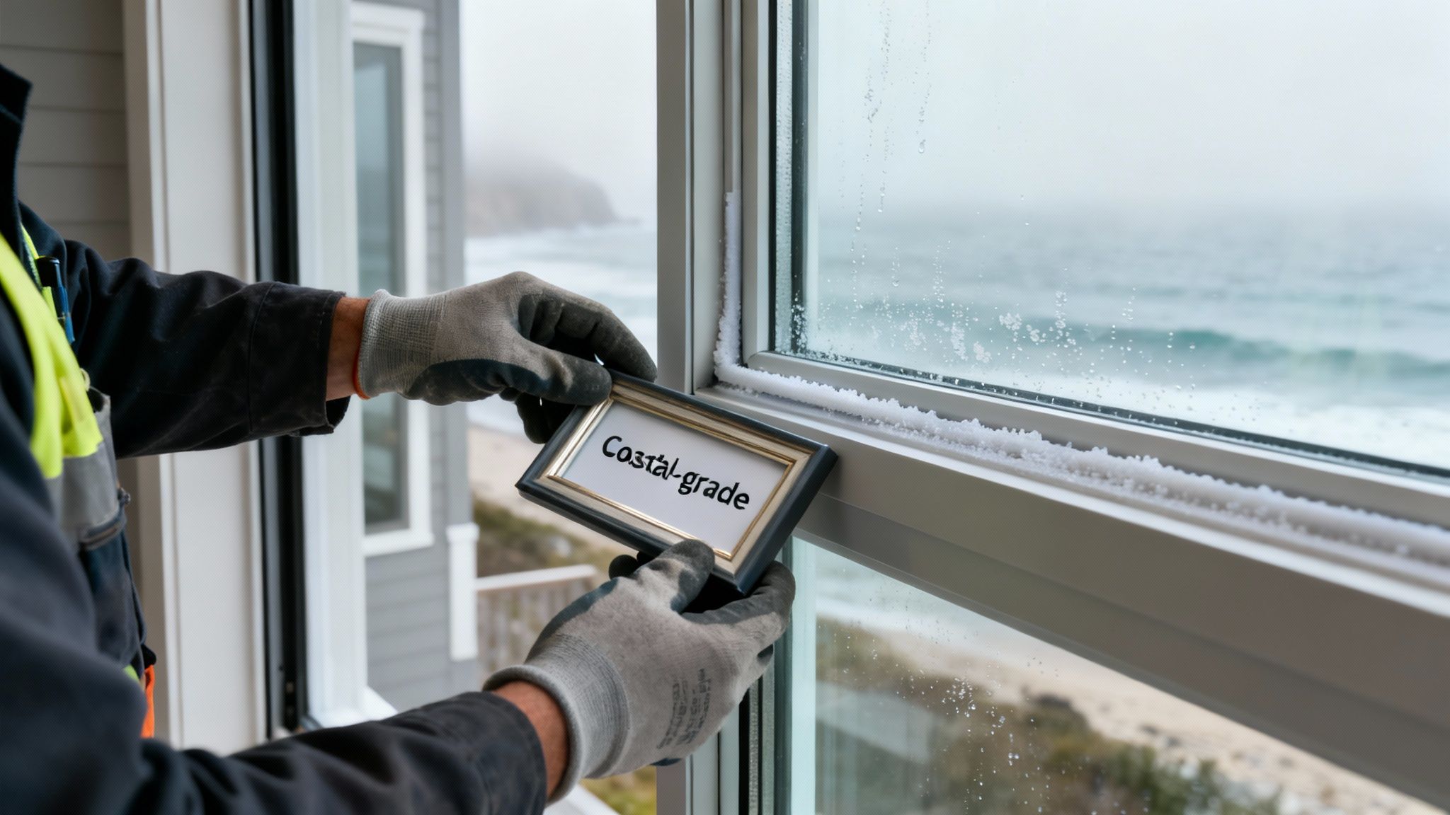 A person in work gloves holds a 'Coastal-grade' sign near a window with salt buildup, overlooking the ocean.