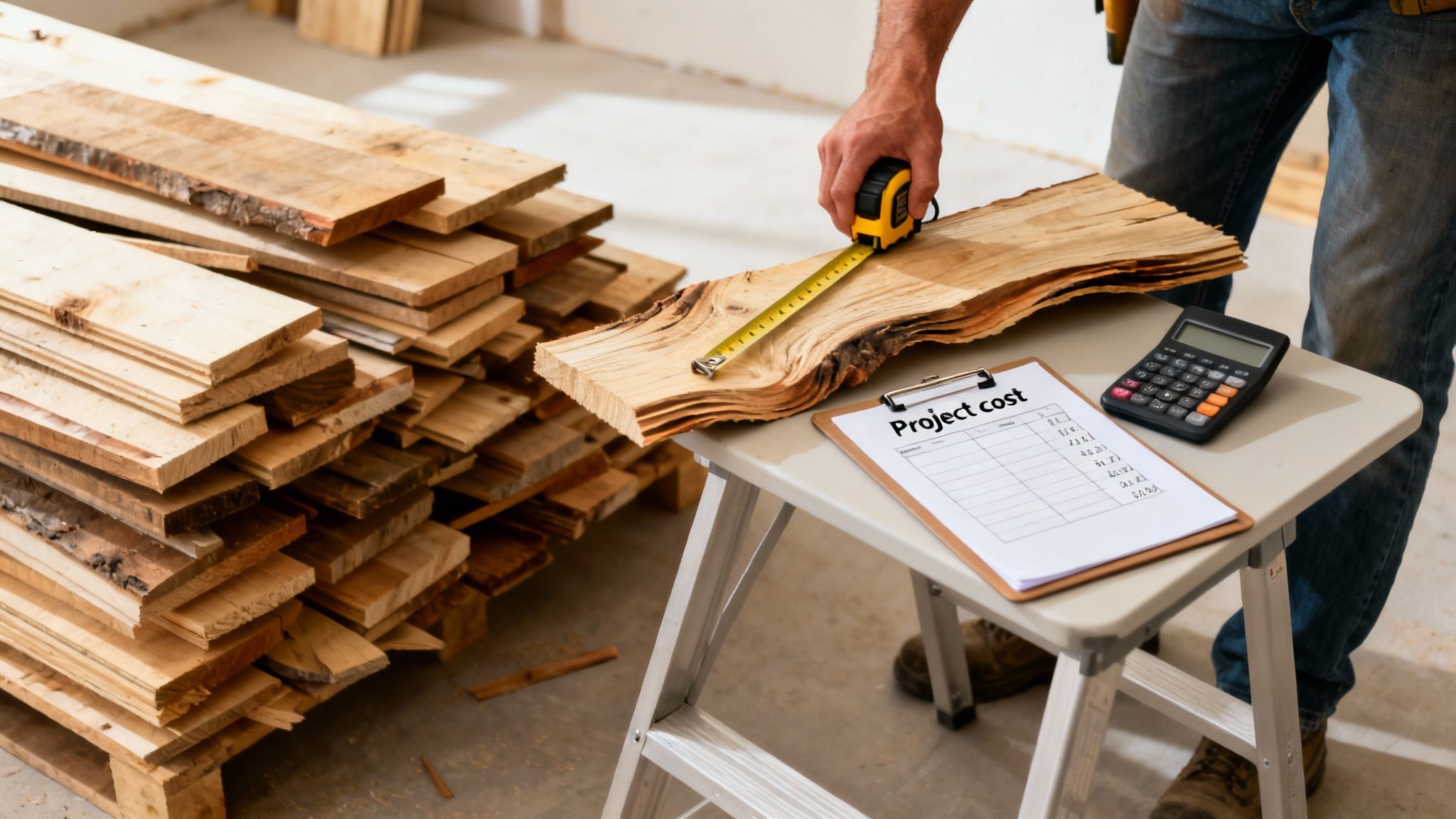 Carpenter measuring lumber with a tape, calculating project costs with a sheet and calculator.