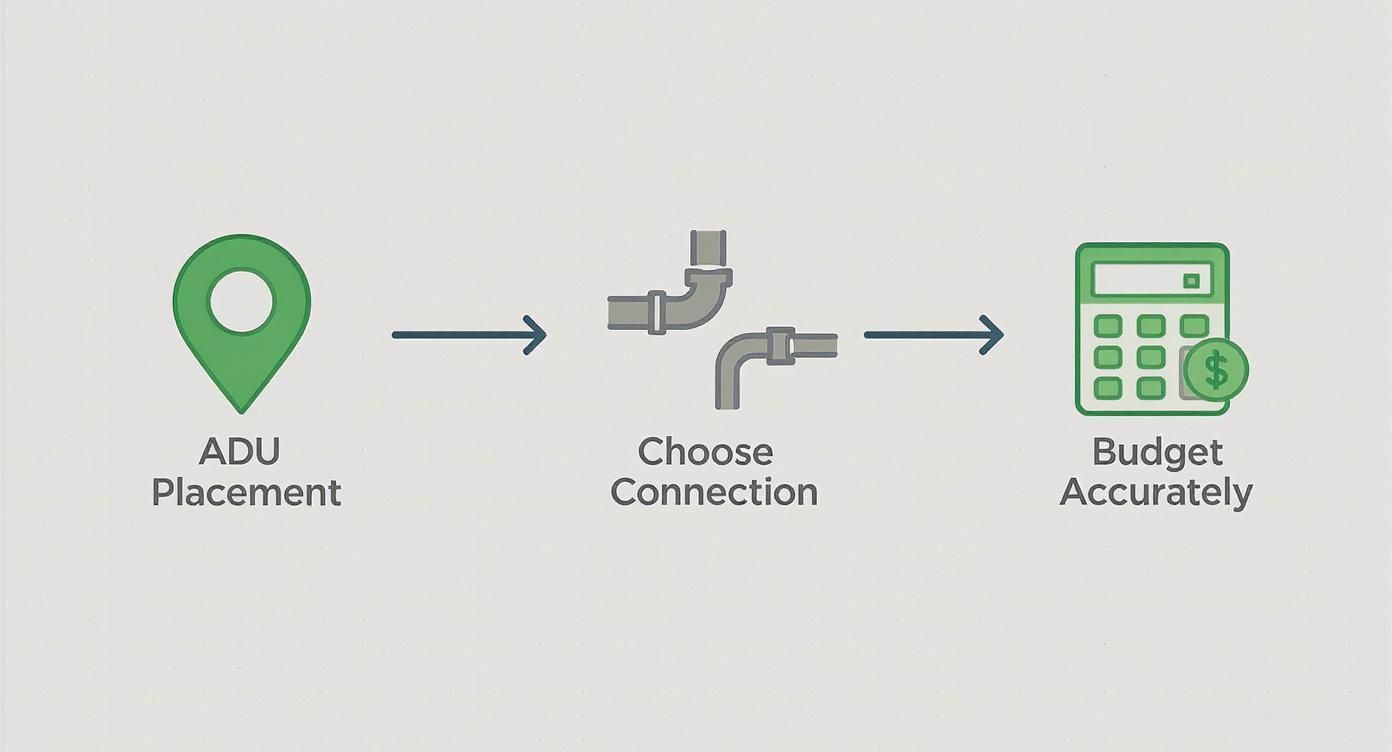 Three-step process showing ADU placement, utility connection selection, and budget planning with calculator icon
