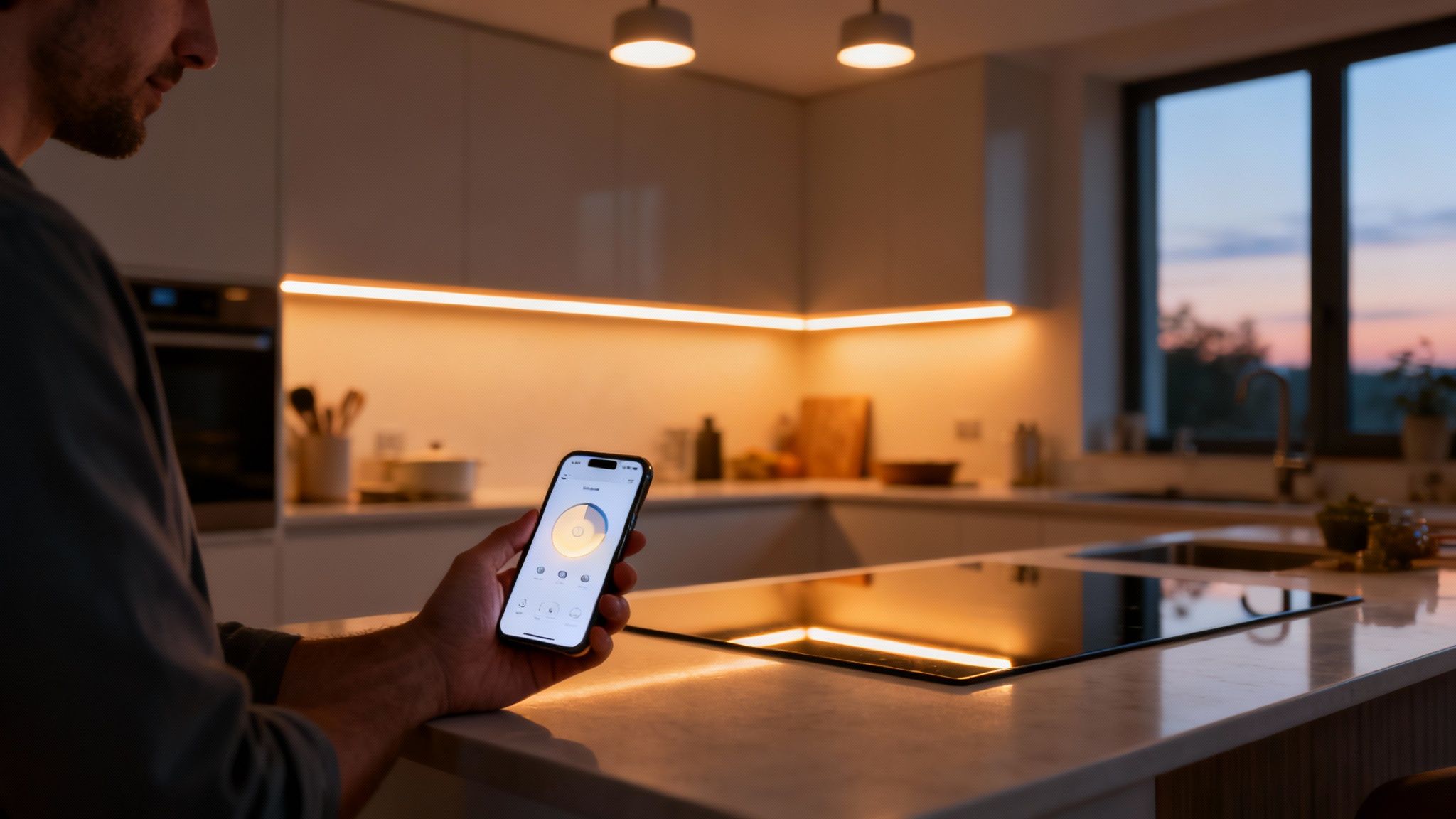 A person controls smart kitchen lighting with a phone app at dusk.