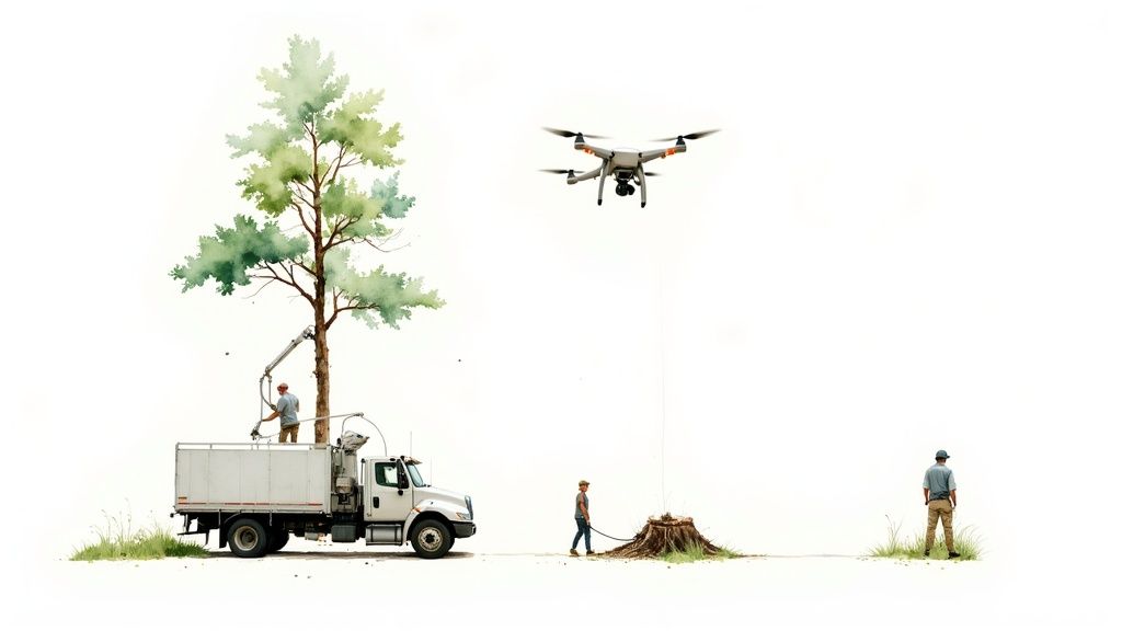 Workers using a truck, crane, and drone for tree removal and stump grinding.