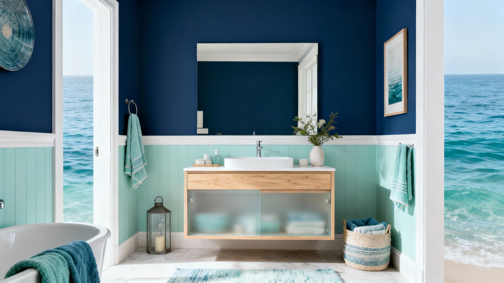 A serene blue and mint green bathroom with a coastal theme, facing a beautiful ocean view.