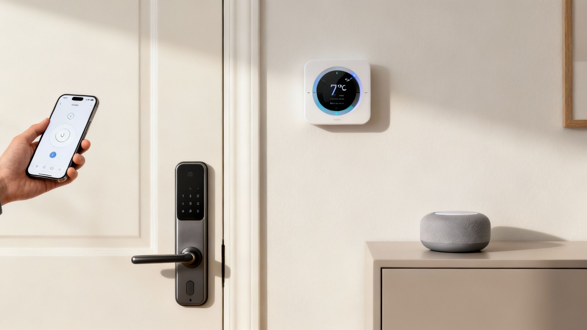 A hand holding a smartphone controls a smart door lock and thermostat in a modern smart home.