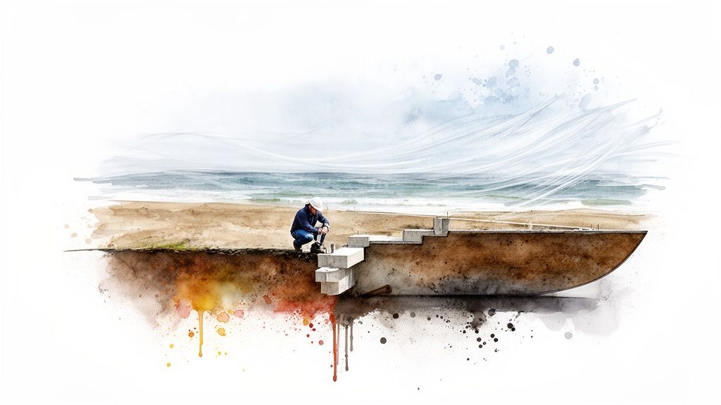 Watercolor illustration of a worker building concrete steps on a beach foundation near the ocean.