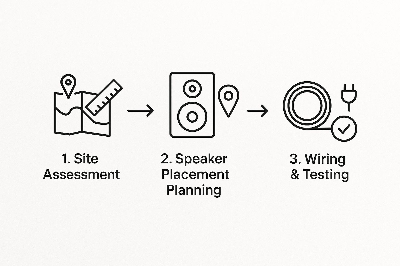 A process flow infographic showing the three steps of outdoor audio installation Site Assessment, Speaker Placement Planning, and Wiring & Testing.