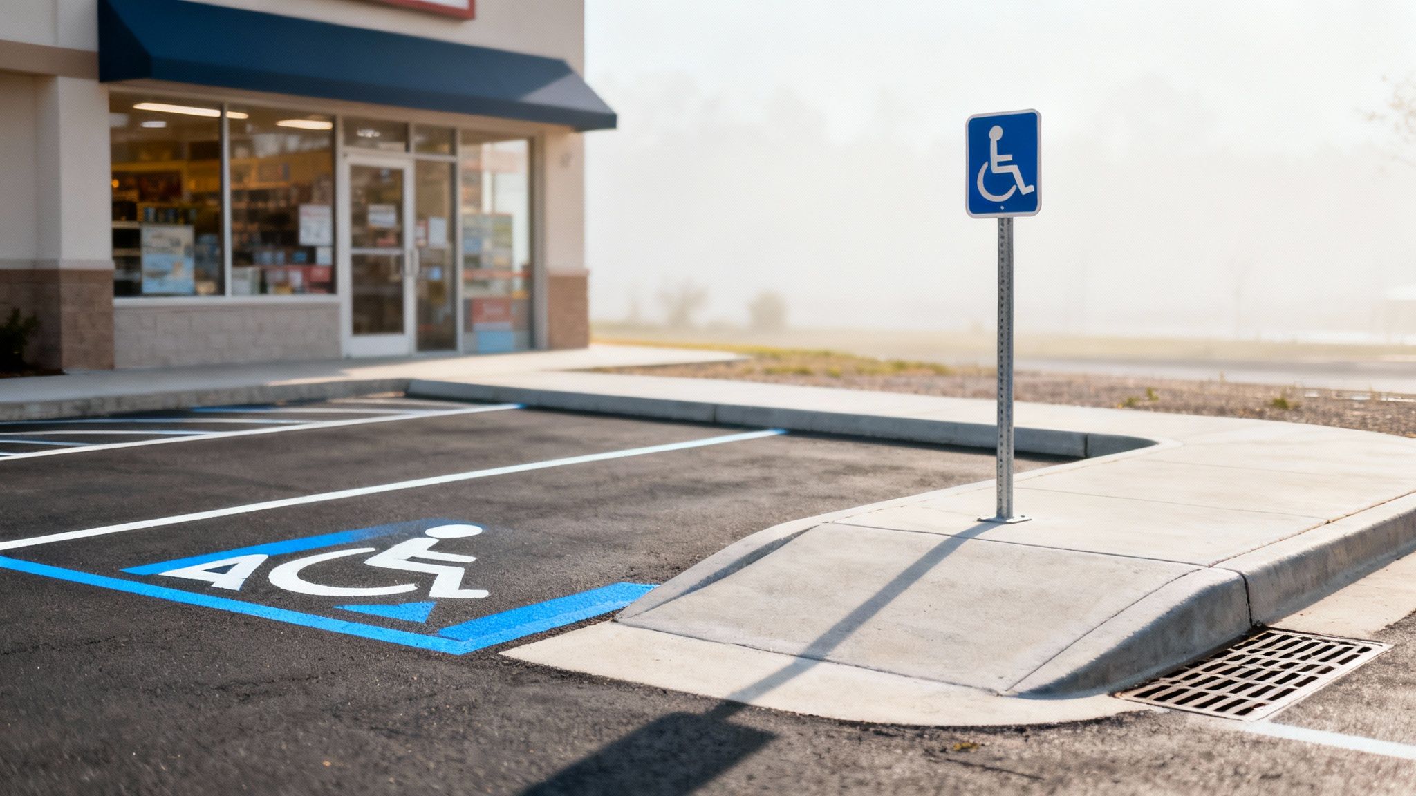 Asphalt Paving & Resurfacing Guide 3 Handicap parking space with blue markings on fresh asphalt in front of a store.