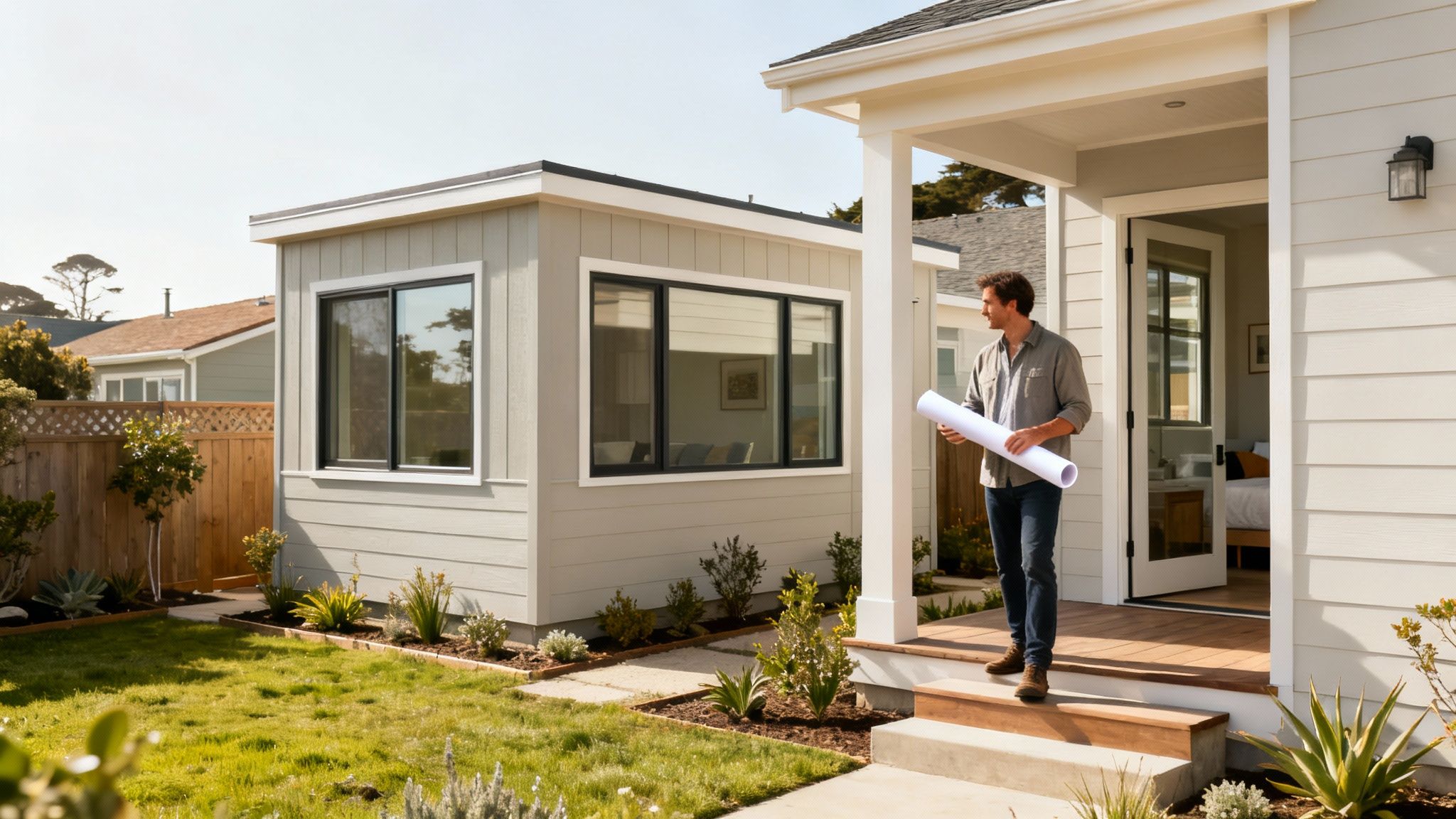 A modern Accessory Dwelling Unit with large windows and a clean design, situated in a backyard.