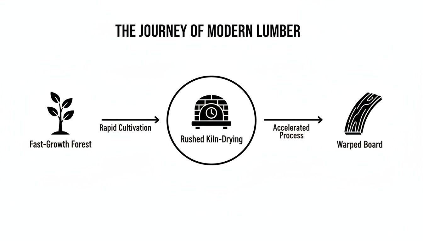 A diagram illustrates the modern lumber journey, from fast-growth forests to warped boards due to rushed kiln-drying.