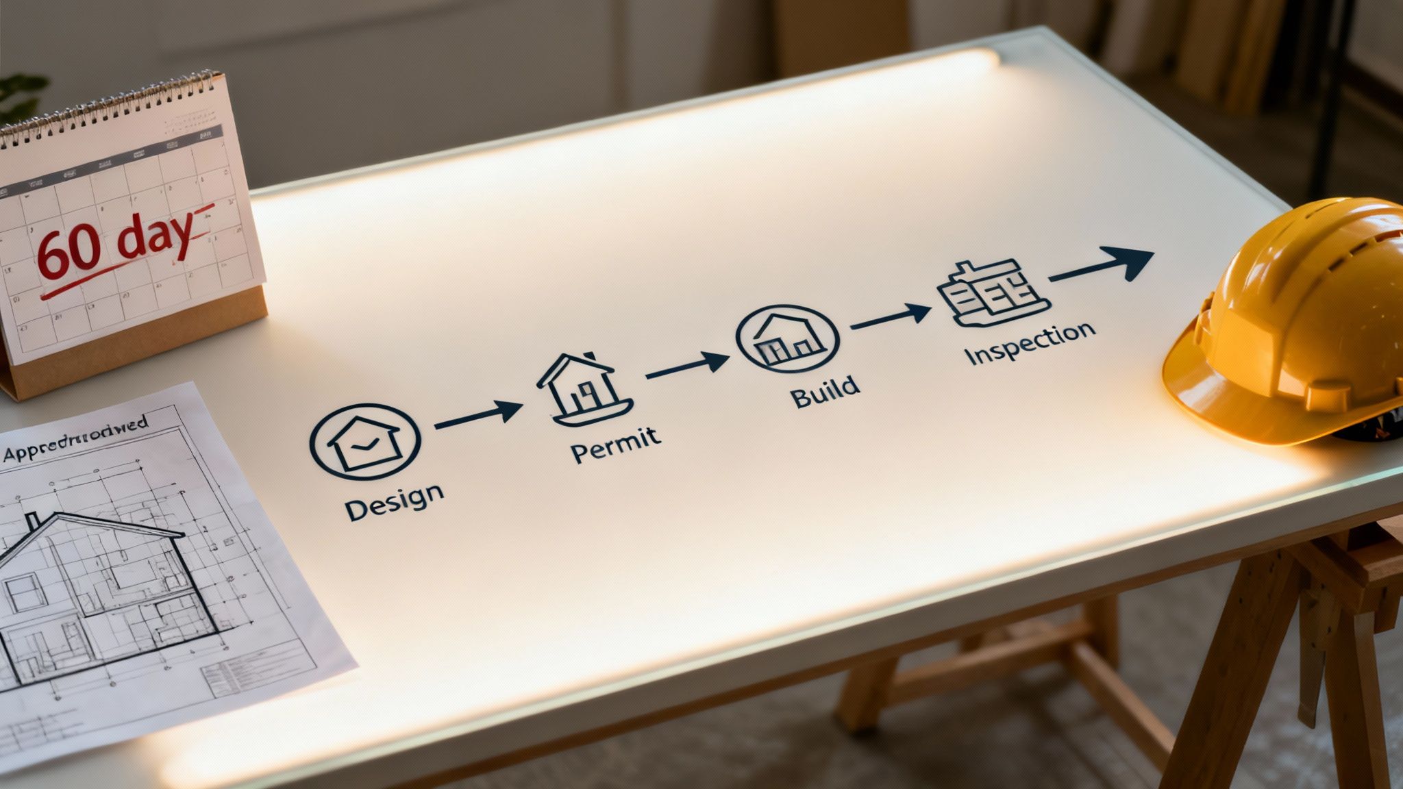 Construction process flowchart (design, permit, build, inspection) on a light table with a 60-day calendar and blueprint.
