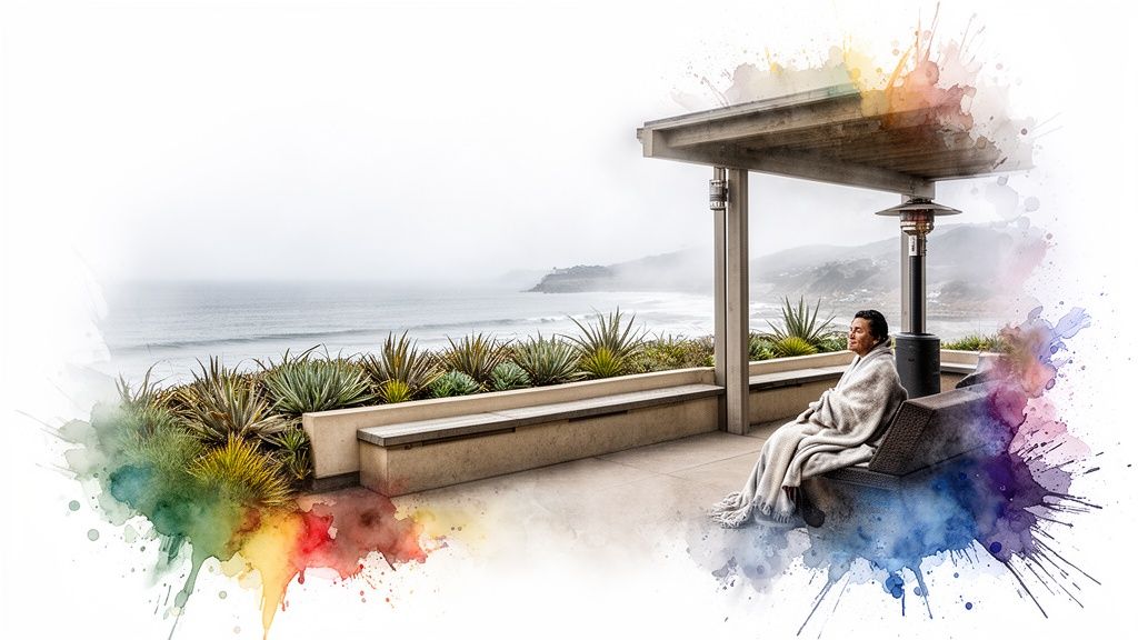 A person bundled in a blanket relaxing on an outdoor patio overlooking a foggy ocean.