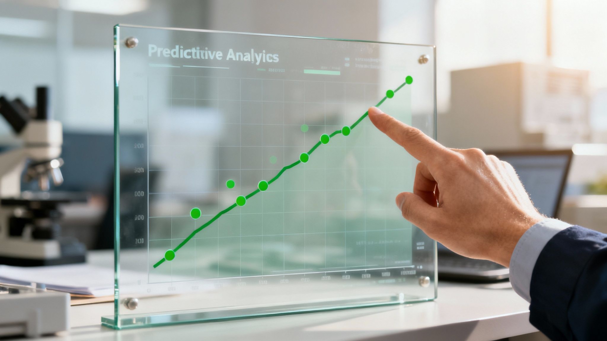 A hand points at a transparent screen displaying a green line graph titled 'Predictive Analytics' with an upward trend.