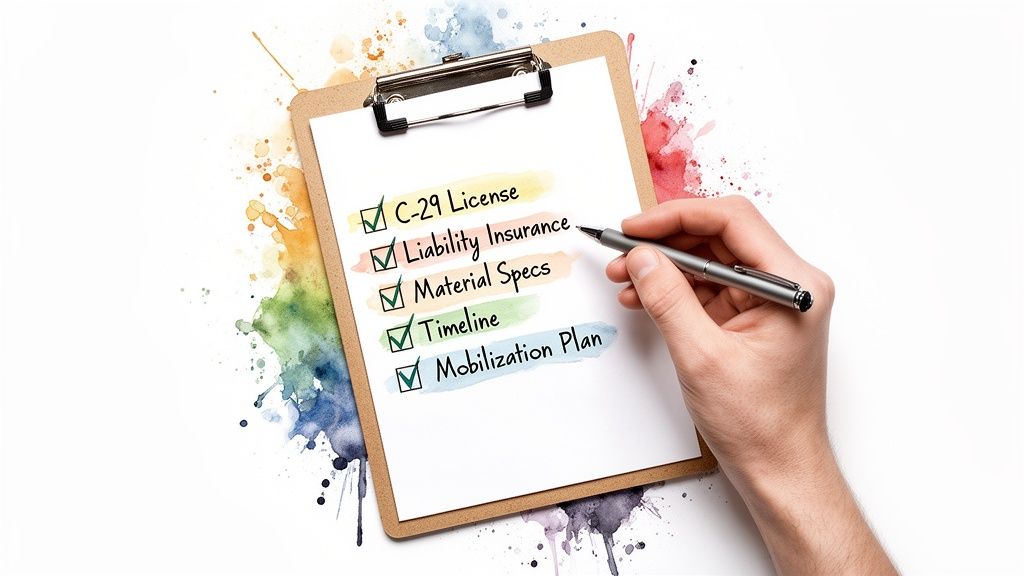A hand checks off items on a clipboard checklist, including C-29 License and Liability Insurance, against a watercolor background.
