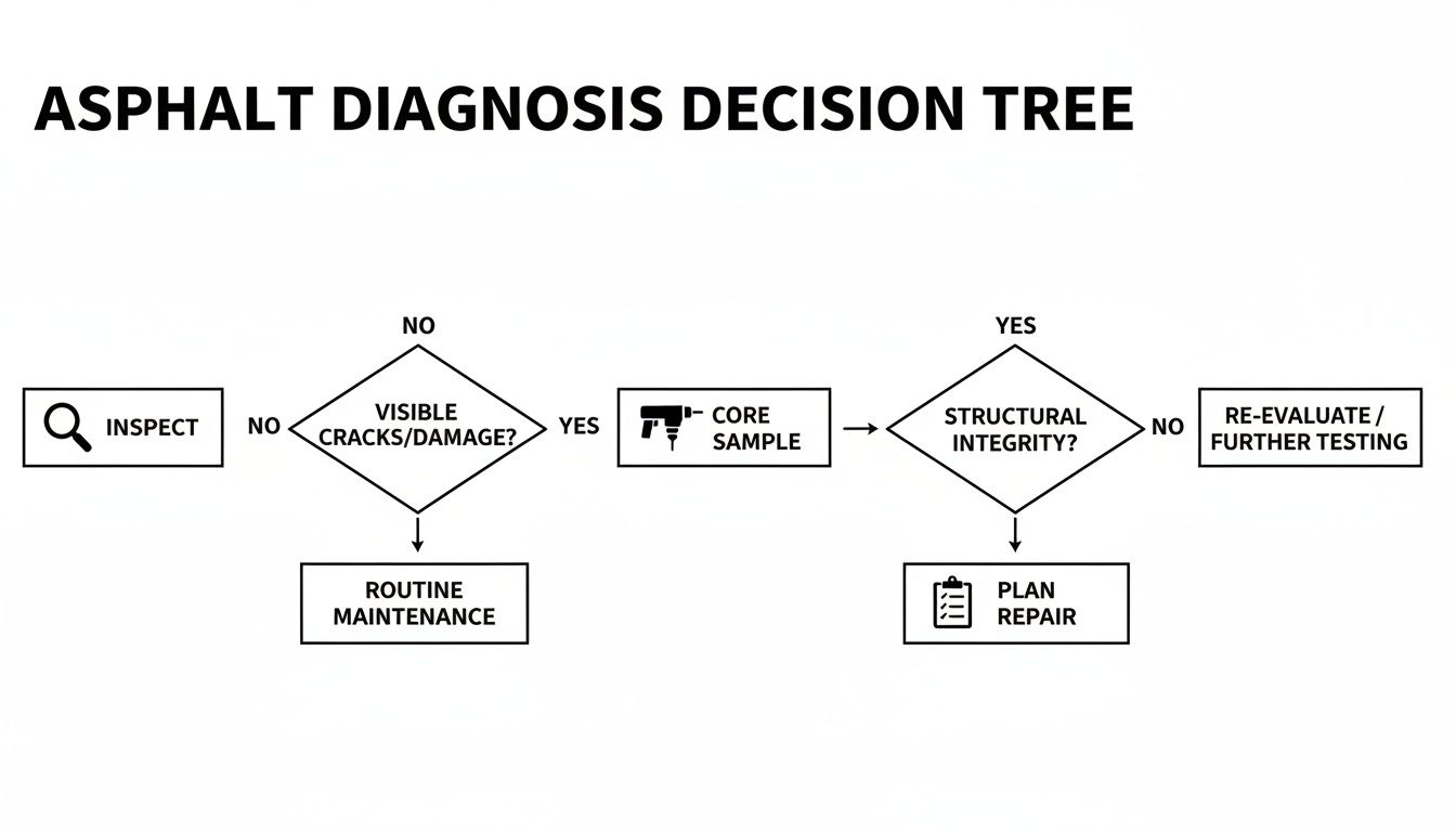 Decision tree illustrating the process for asphalt diagnosis, including inspection, damage assessment, core sampling, and repair planning.