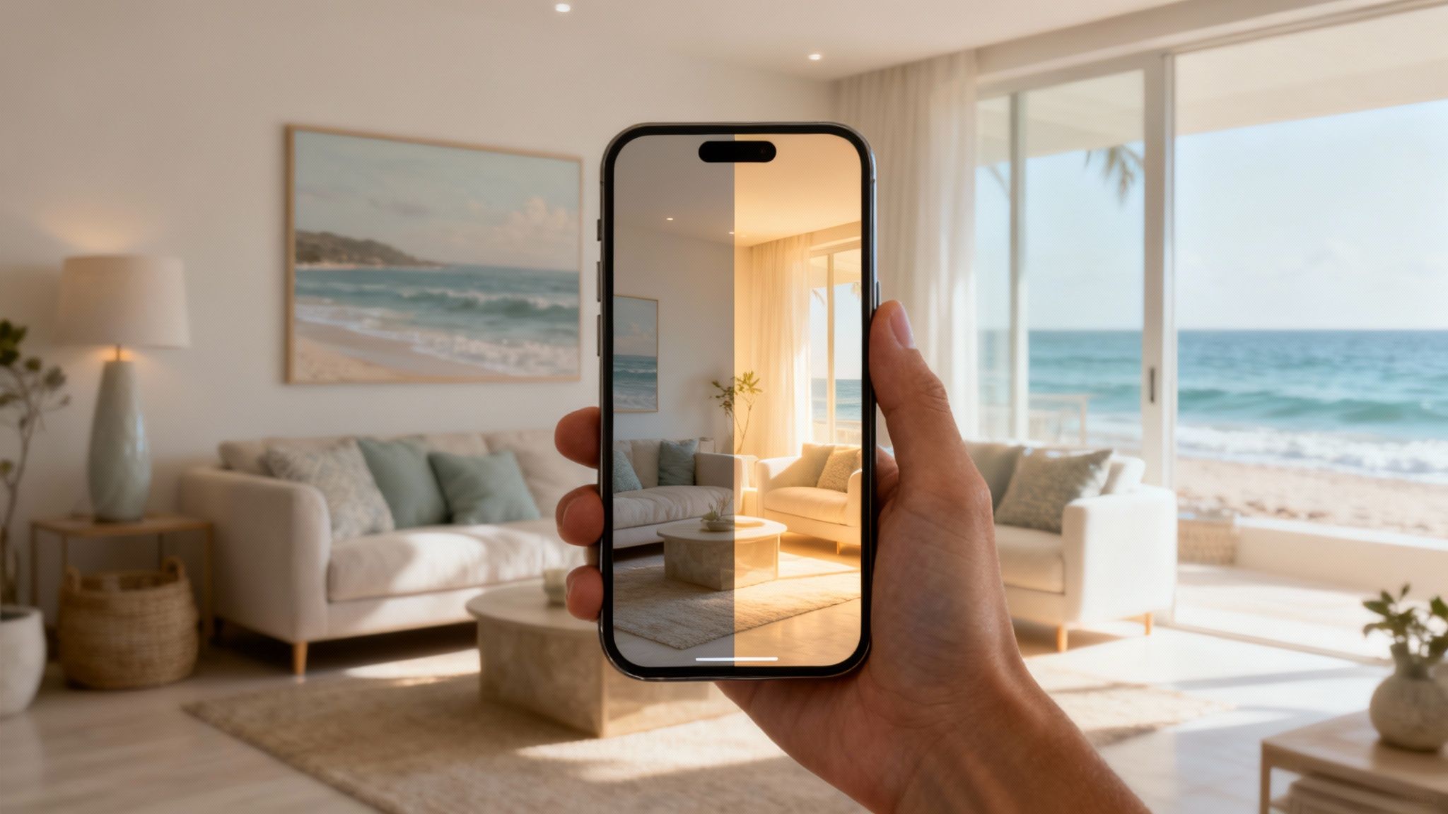 A person scrolling through home design ideas on a smartphone, with a stylishly lit room in the background.