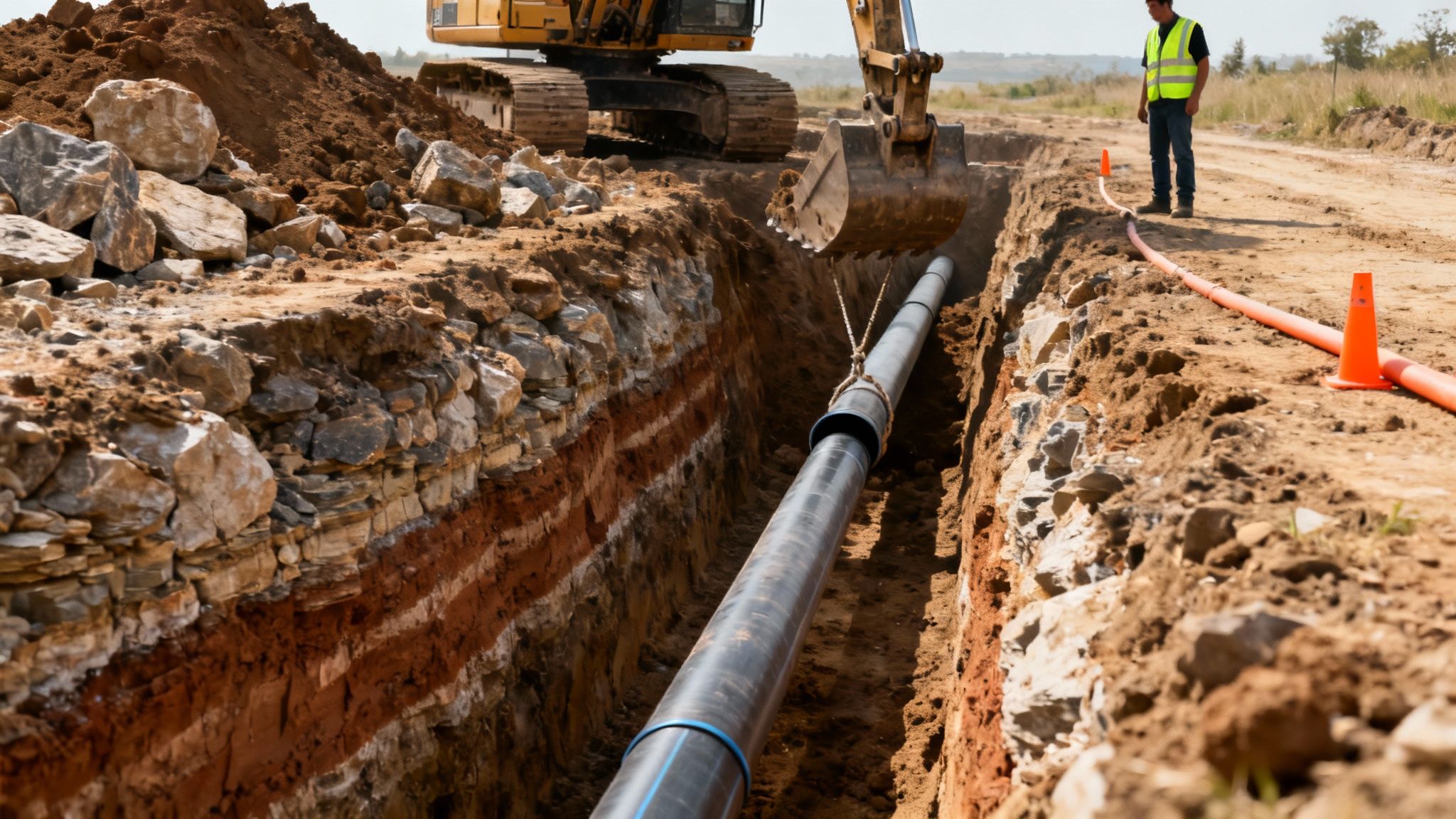 Excavator lowering a large pipeline into a trench on a construction site, with a worker.