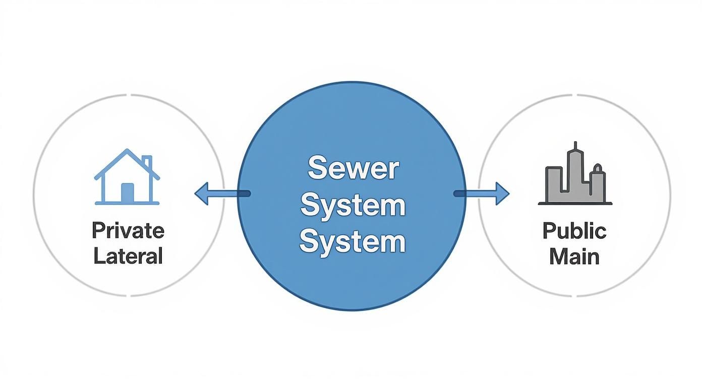 Diagram showing a private lateral (house) connected to the sewer system, which connects to the public main (city).