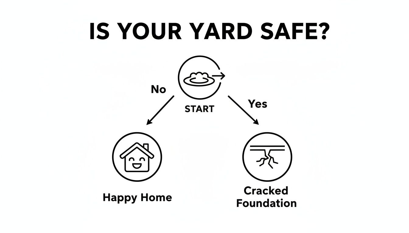Flowchart asks 'Is Your Yard Safe?', leading to a happy home if 'No', or cracked foundation if 'Yes'.