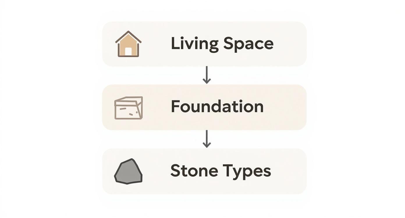 A flowchart illustrating the construction process from living space to foundation and finally stone types.
