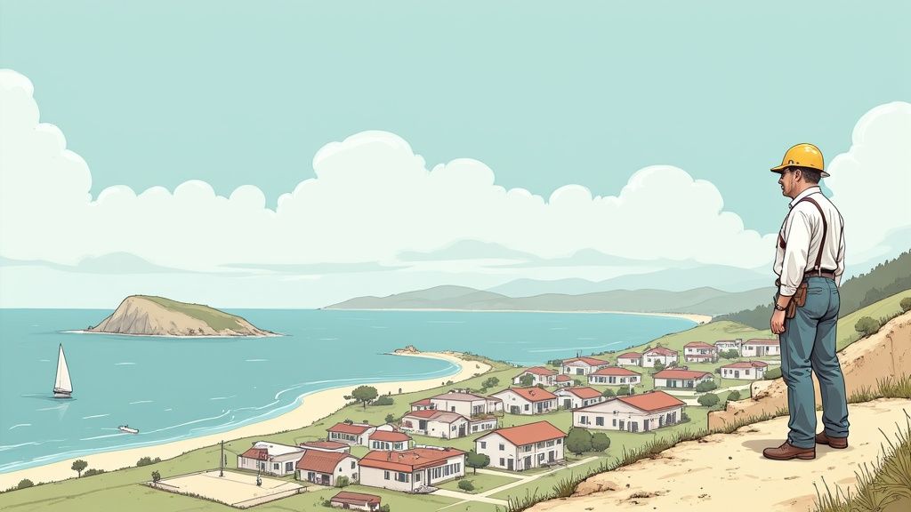 A contractor in a hard hat overlooks a developing coastal town with houses, a beach, and an island.