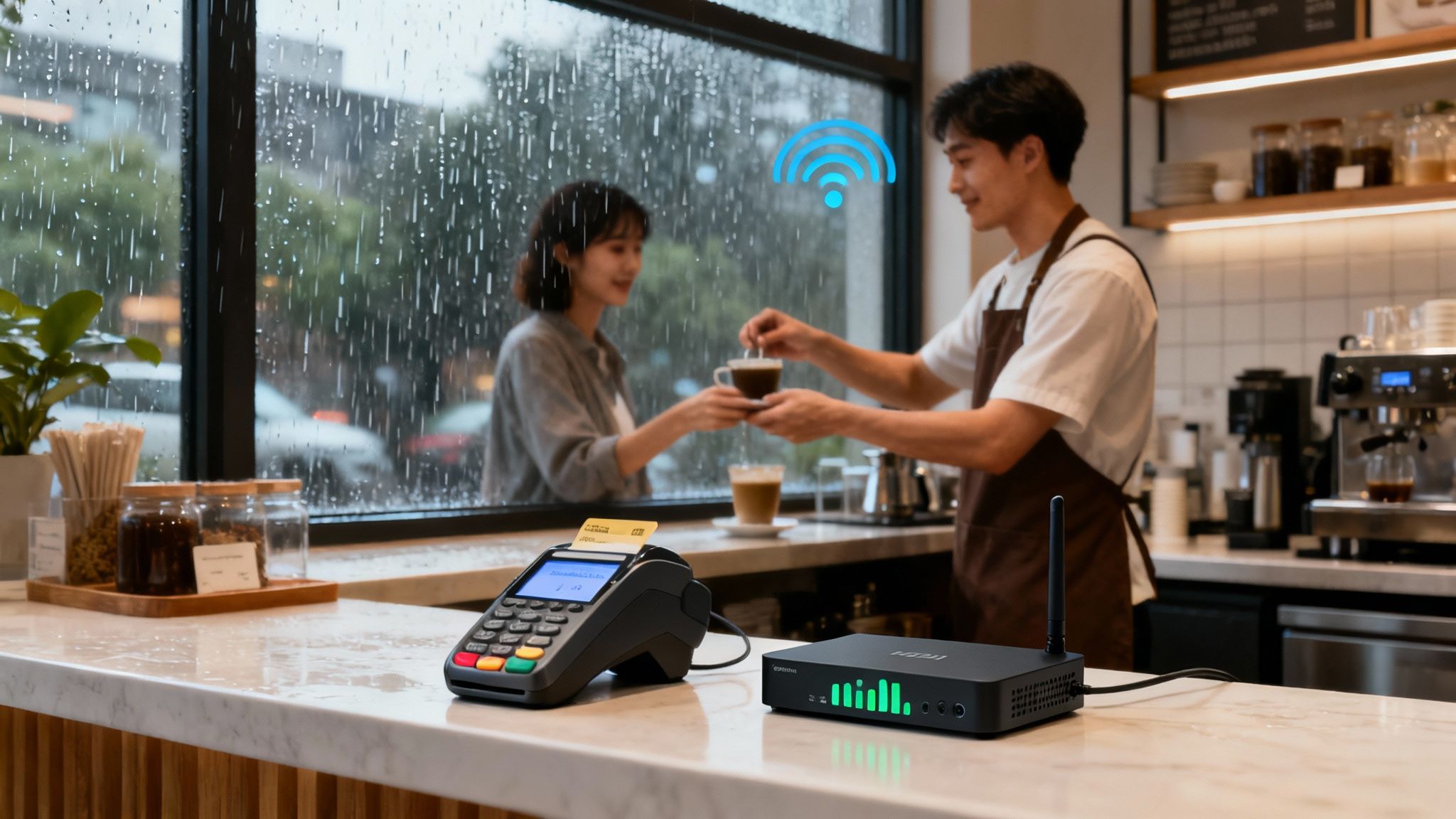 A business owner looks relieved while working on a laptop as a storm rages outside the window.