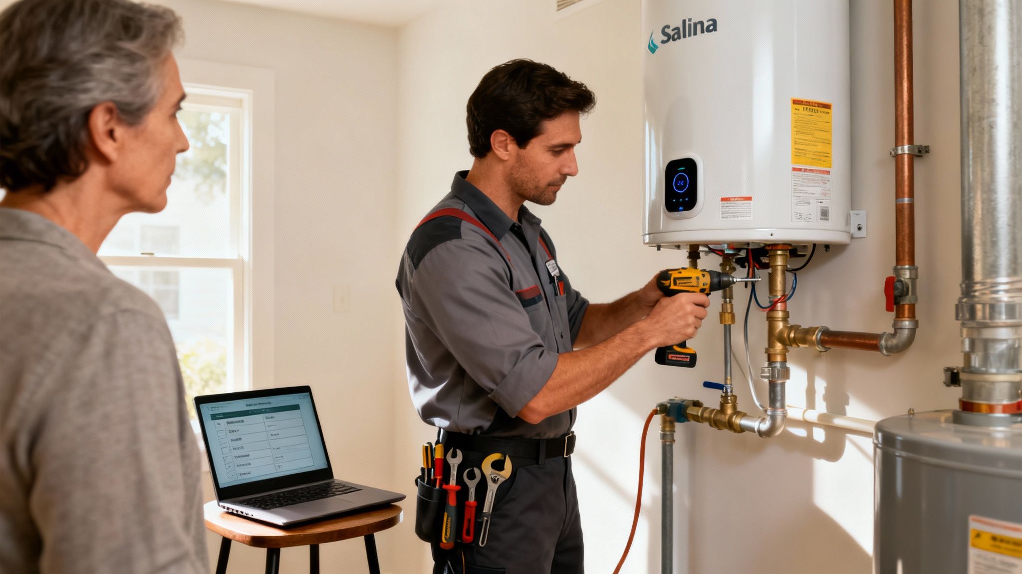 A technician installs a Salina smart water heater while a homeowner observes, with a laptop nearby.