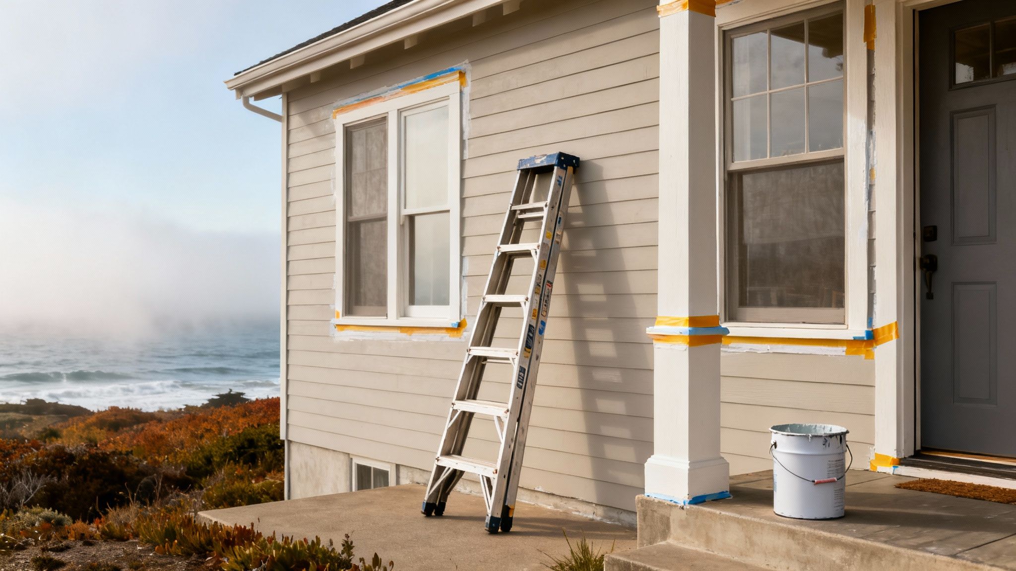 A coastal home by the foggy ocean being repainted, with a ladder, paint bucket, and autumn plants.