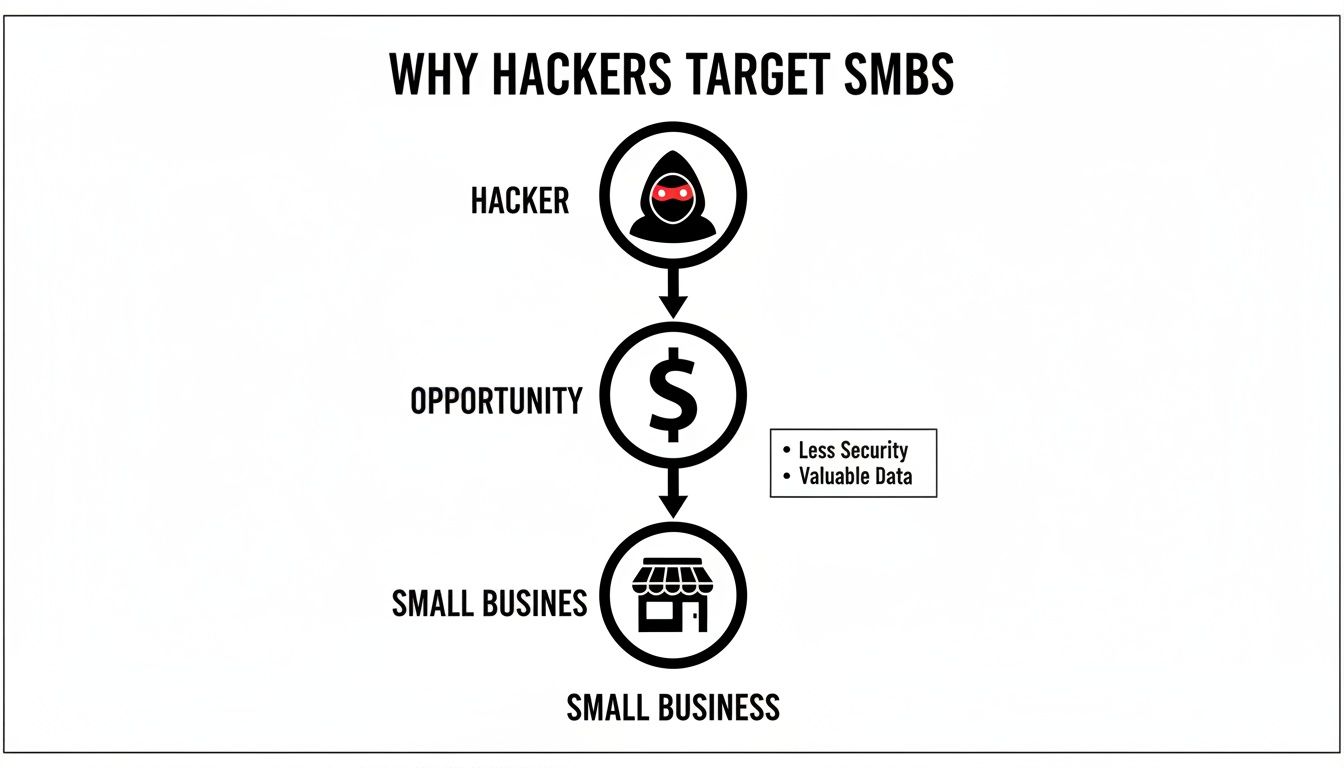 Flowchart illustrating why hackers target small businesses due to less security and valuable data.